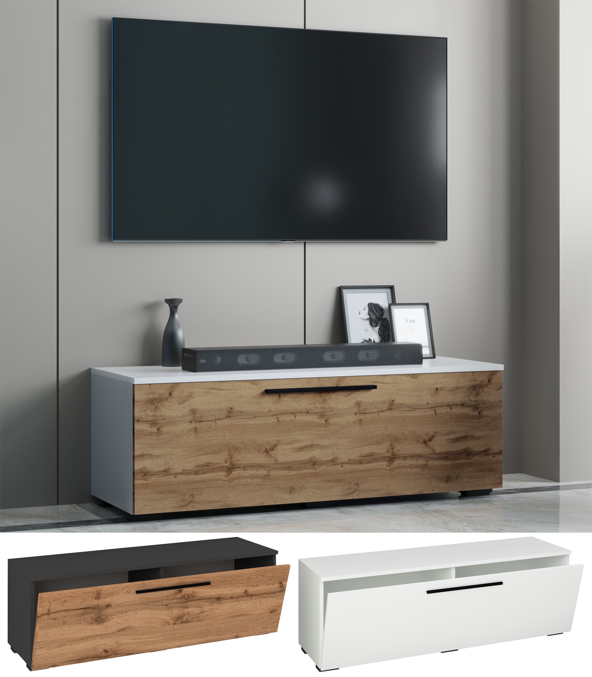 VCM TV M&ouml;bel | Lowboard | Fernsehschrank mit breiter Klappt&uuml;r | Ma&szlig;e H. 39 x B. 115 x T. 40 cm | Fernseh M&ouml;bel &ndash; Arila M 
