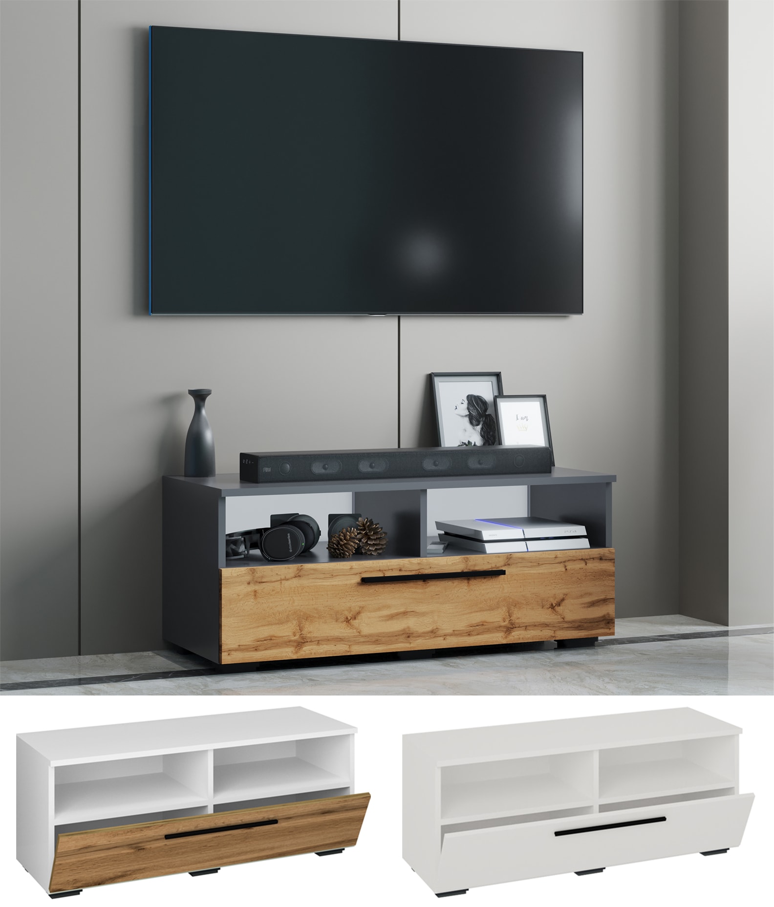 VCM TV M&ouml;bel | Lowboard | Fernsehschrank mit ausreichend Stauraum | Ma&szlig;e H. 39 x B. 95 x T. 40 cm | Fernseh M&ouml;bel &ndash; Arila L 