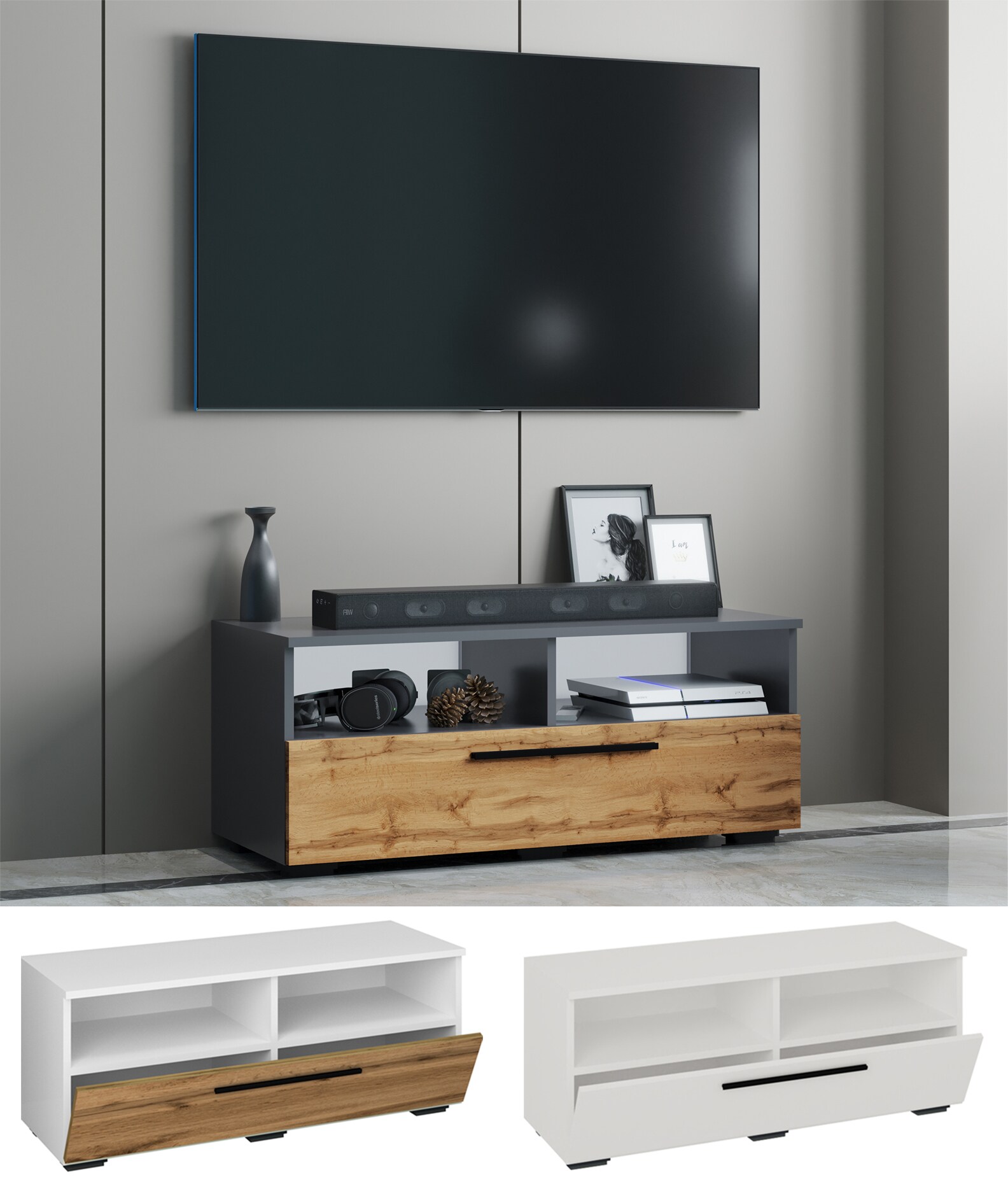 VCM TV M&ouml;bel | Lowboard | Fernsehschrank mit ausreichend Stauraum | Ma&szlig;e H. 39 x B. 115 x T. 40 cm | Fernseh M&ouml;bel &ndash; Arila XL 