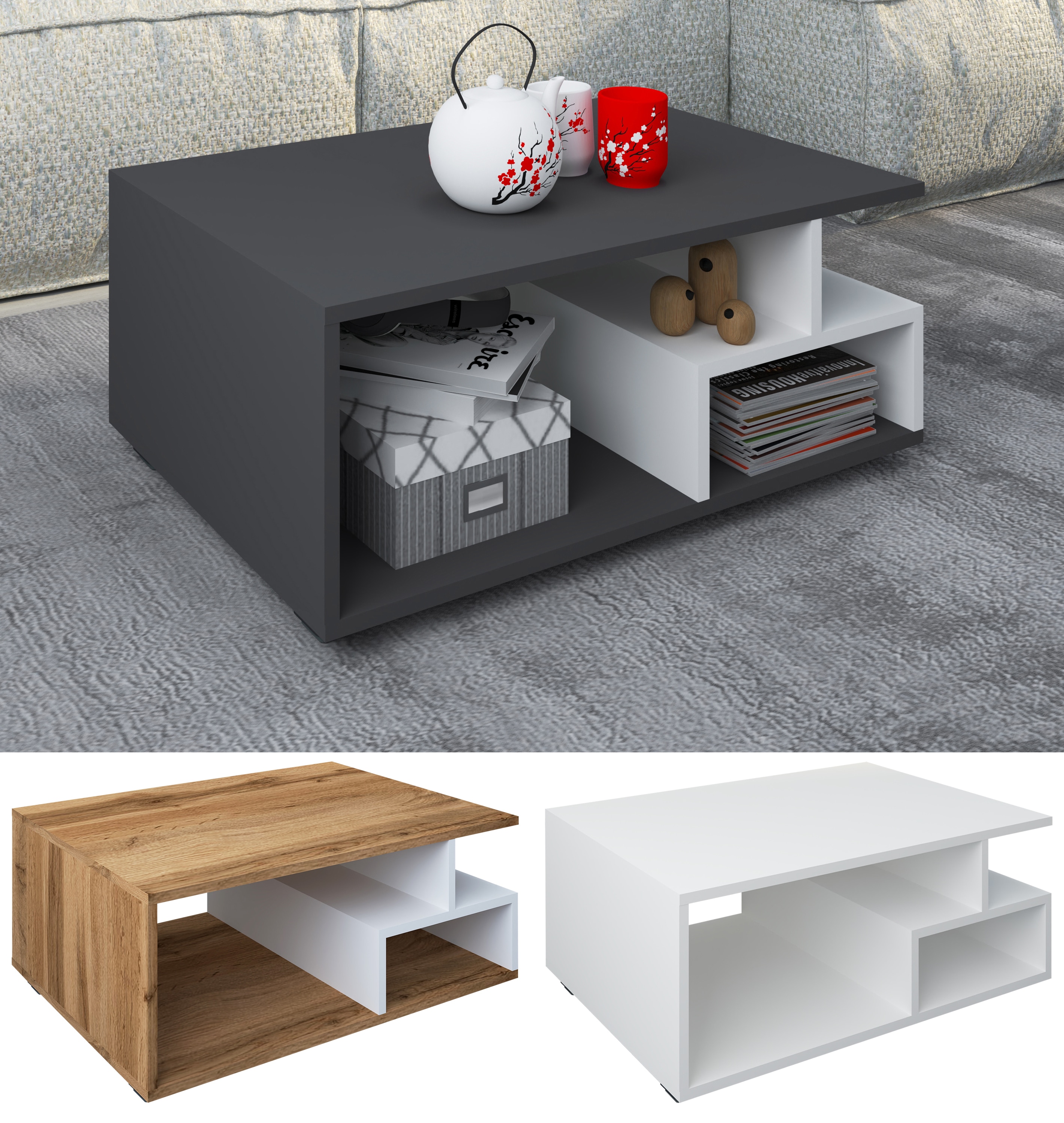 VCM Holz Couchtisch | Sofatisch mit ausreichend Stauraum | Ma&szlig;e ca. H. 40 x B. 80 x T. 50 cm | Wohnzimmertisch - Sulas 