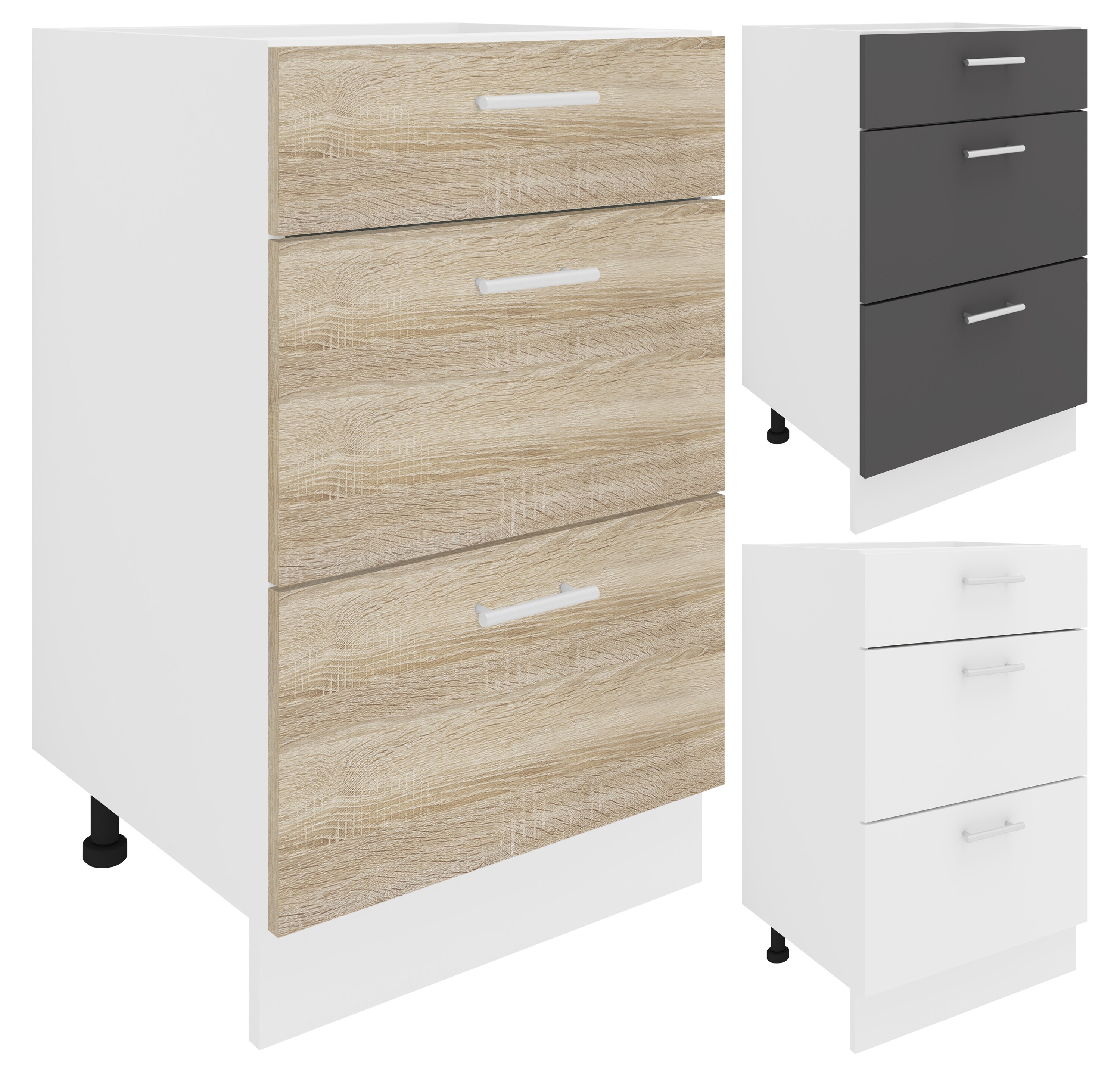 VCM K&uuml;chenschrank | Ma&szlig;e ca. H. 82 x B. 50 x. T. 46 cm | Unterschrank mit drei Schubladen | K&uuml;chenm&ouml;bel - Esilo 