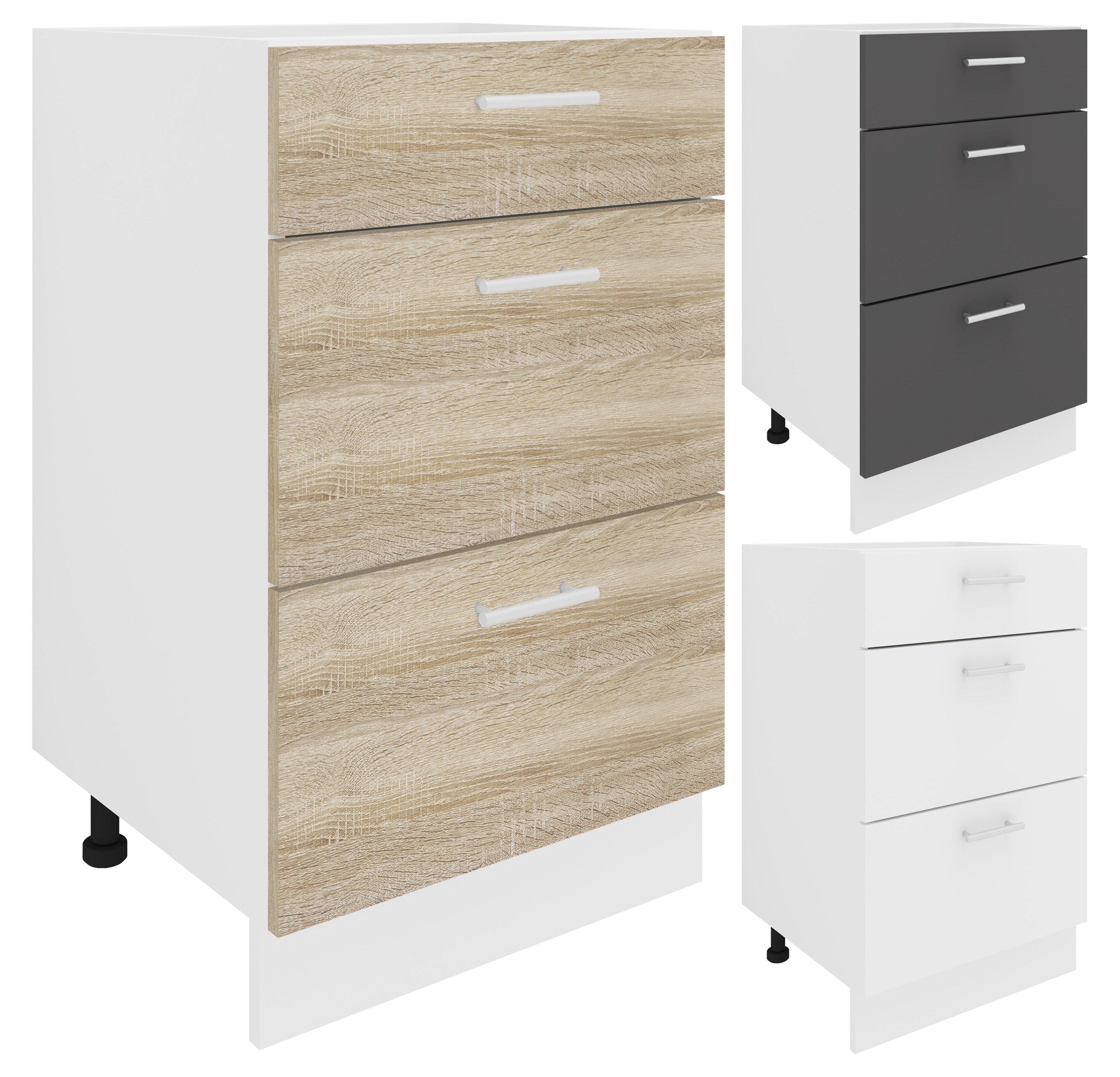 VCM K&uuml;chenschrank | Ma&szlig;e ca. H. 82 x B. 50 x. T. 46 cm | Unterschrank mit drei Schubladen | K&uuml;chenm&ouml;bel - Esilo 