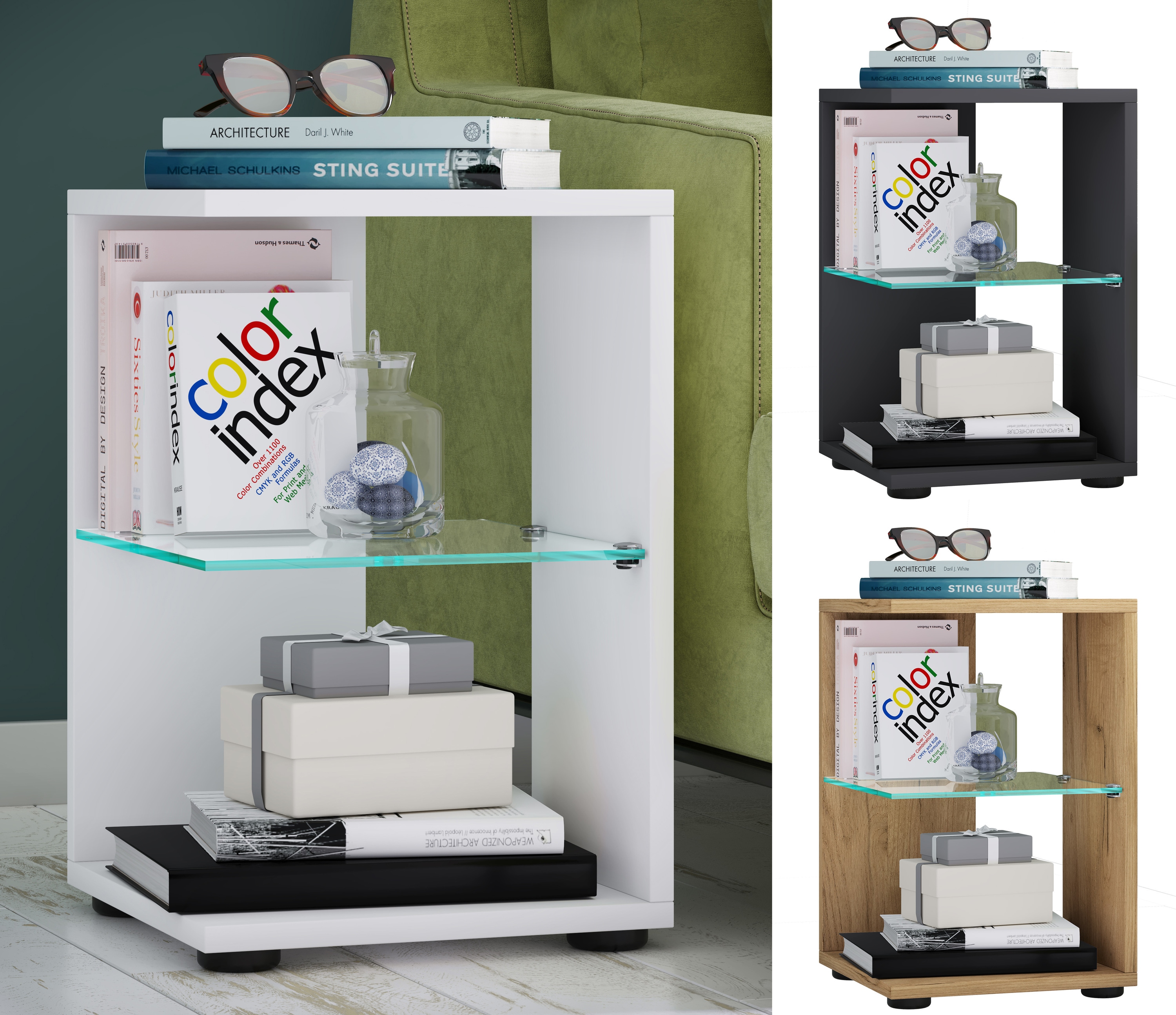 VCM Holz Beistelltisch mit ESG-Sicherheitsglas | Couchtisch schlicht | Ma&szlig;e ca. H. 45 x B. 30 x T. 30 cm | Wohnzimmertisch | Kaffeetisch - Elani 