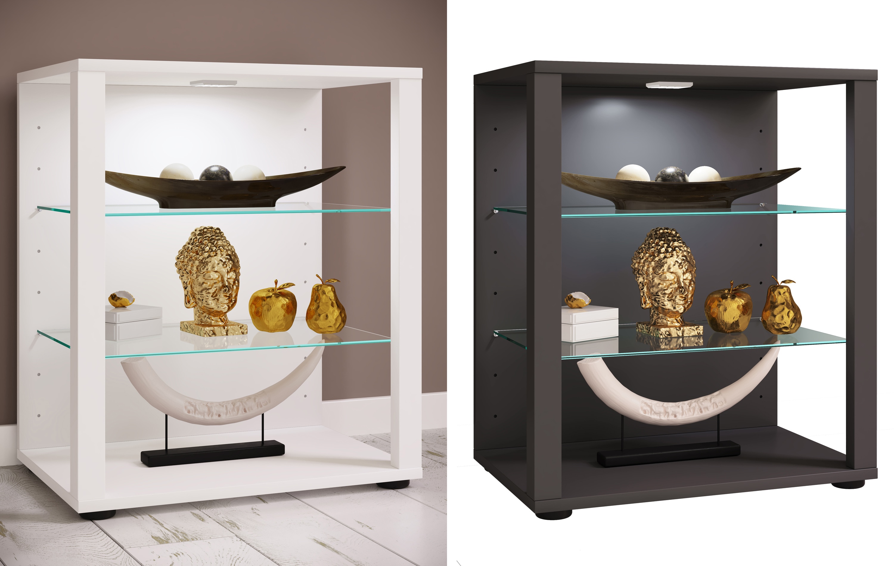 VCM Glasvitrine stehend | Vitrine Glas mit ESG-Sicherheitsglas | Ma&szlig;e ca. H. 60 x B. 52 x T. 35 cm | Standvitrine Glas | Modern und platzsparend | Glas Vitrinenschrank &ndash; Glasol S 