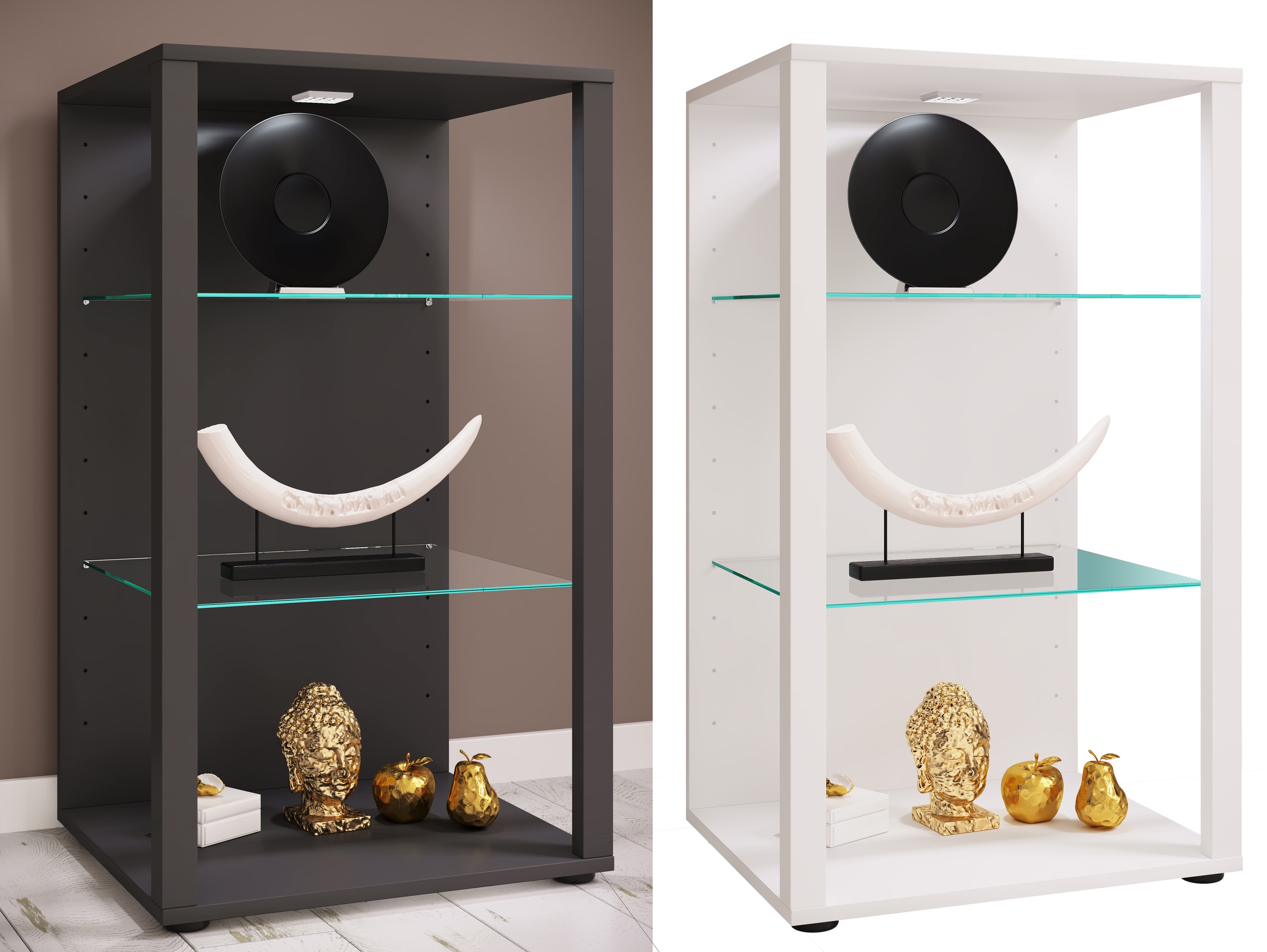 VCM Glasvitrine stehend | Vitrine Glas mit ESG-Sicherheitsglas | Ma&szlig;e ca .H. 90 x B. 52 x T. 44 cm | Standvitrine Glas | Modern und platzsparend | Glas Vitrinenschrank &ndash; Glasol XL 