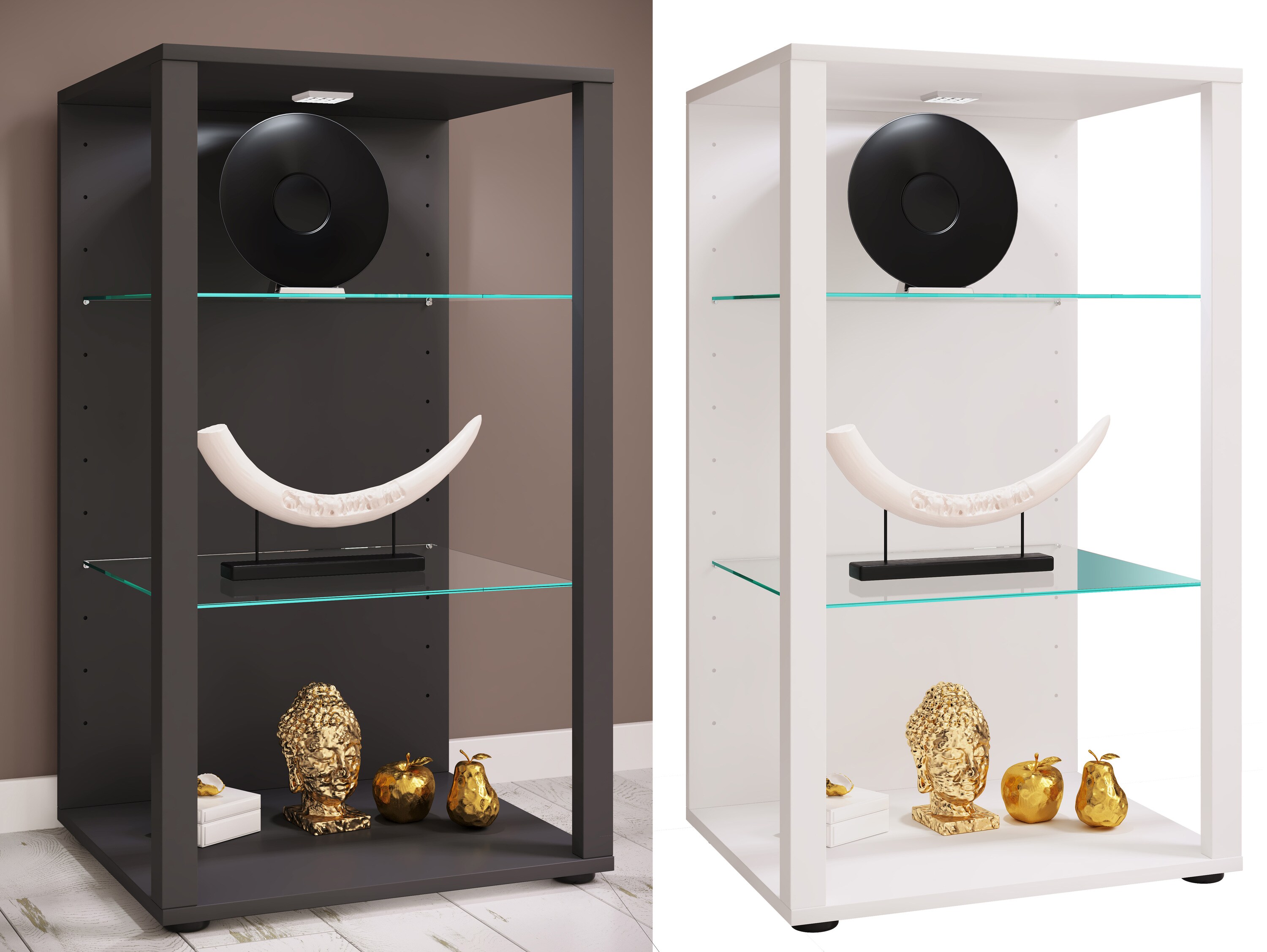 VCM Glasvitrine stehend | Vitrine Glas mit ESG-Sicherheitsglas | Ma&szlig;e ca .H. 90 x B. 52 x T. 44 cm | Standvitrine Glas | Modern und platzsparend | Glas Vitrinenschrank &ndash; Glasol XL 