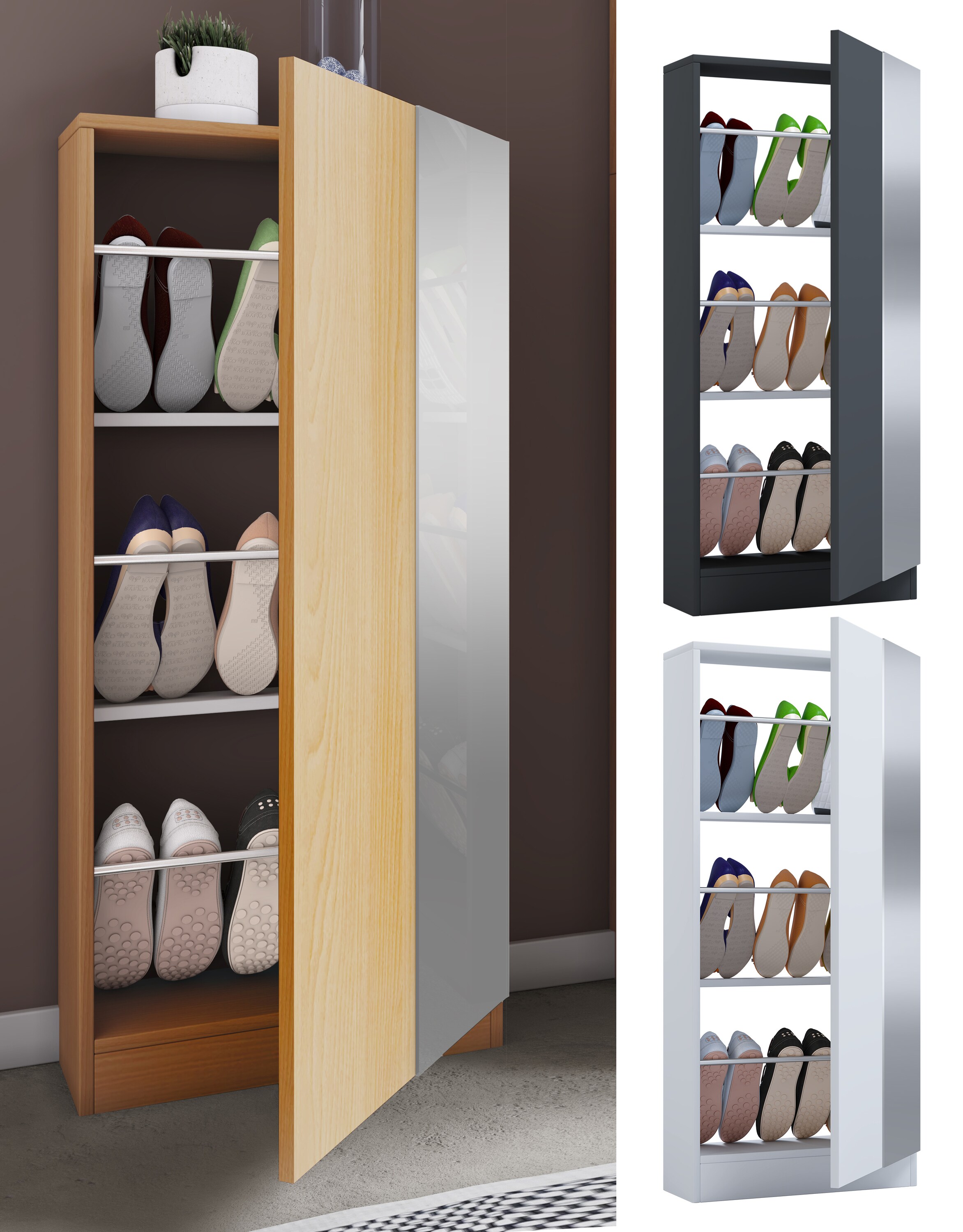 VCM Holz Schuhschrank | Ma&szlig;e: H. 112 x B. 50 x T. 17 cm | 1 Dreht&uuml;r | praktischer Spiegel - Fulisa L Spiegel 