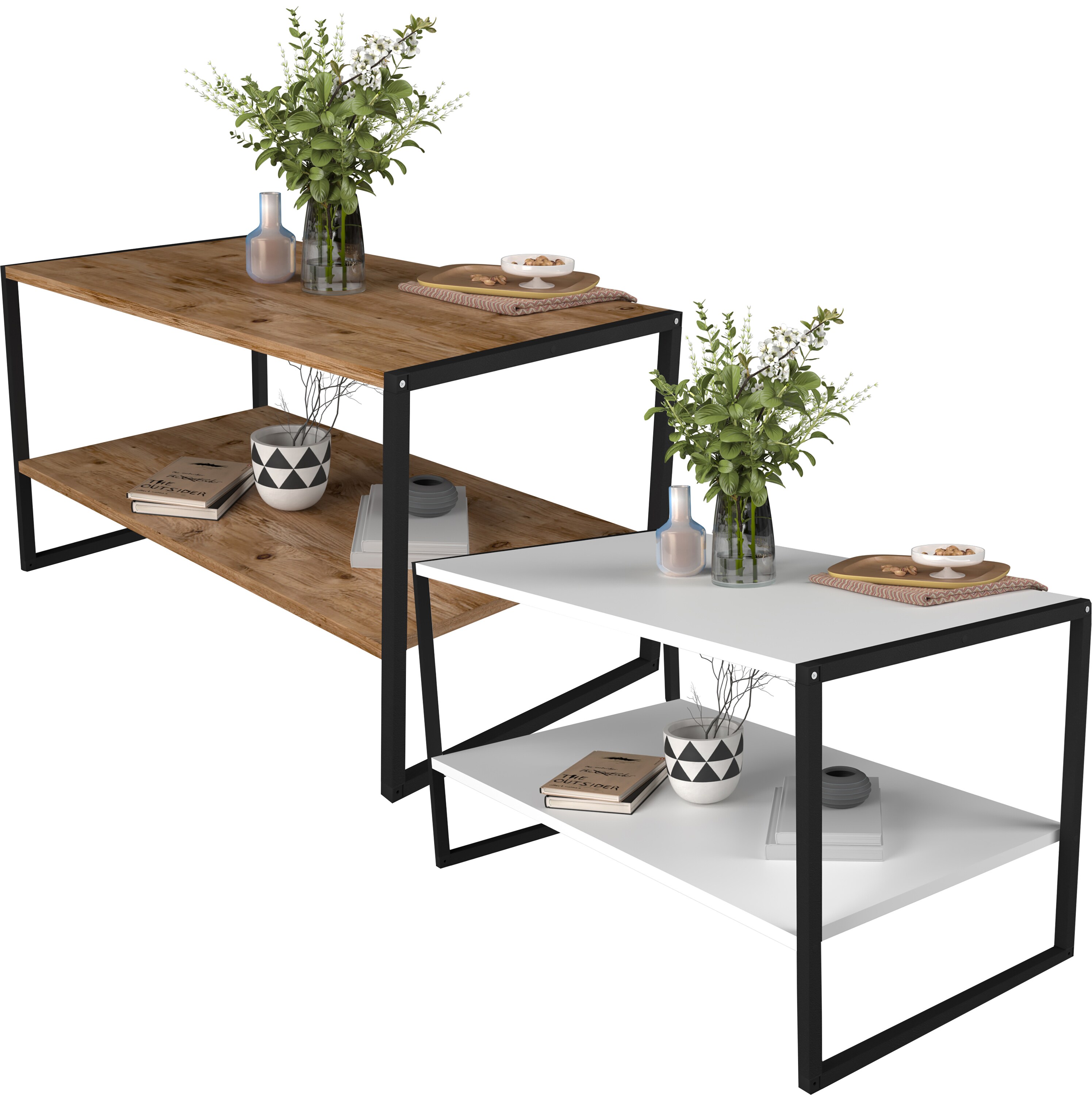 VCM Holz Beistelltisch | Couchtisch im schlichten Industriestyle | Ma&szlig;e ca. H. 50 x B. 90 x T. 50 cm | Wohnzimmertisch | Kaffeetisch - Insasi L 