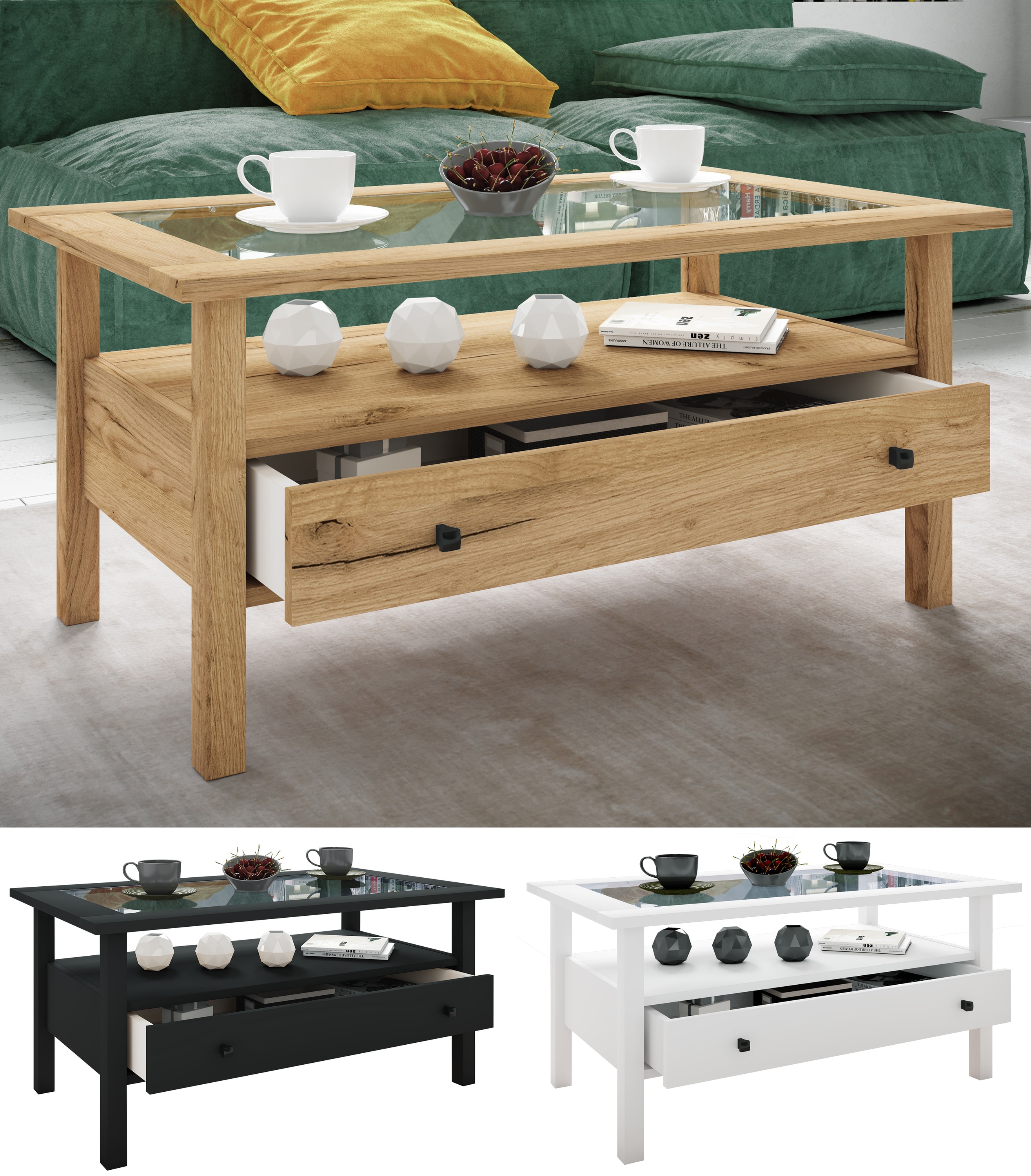 VCM Holz Beistelltisch mit ESG-Sicherheitsglas | Couchtisch schlicht | Ma&szlig;e ca. H. 42 x B. 90 x T. 54 cm | Wohnzimmertisch mit Schublade | Sofatisch - Lingis L 