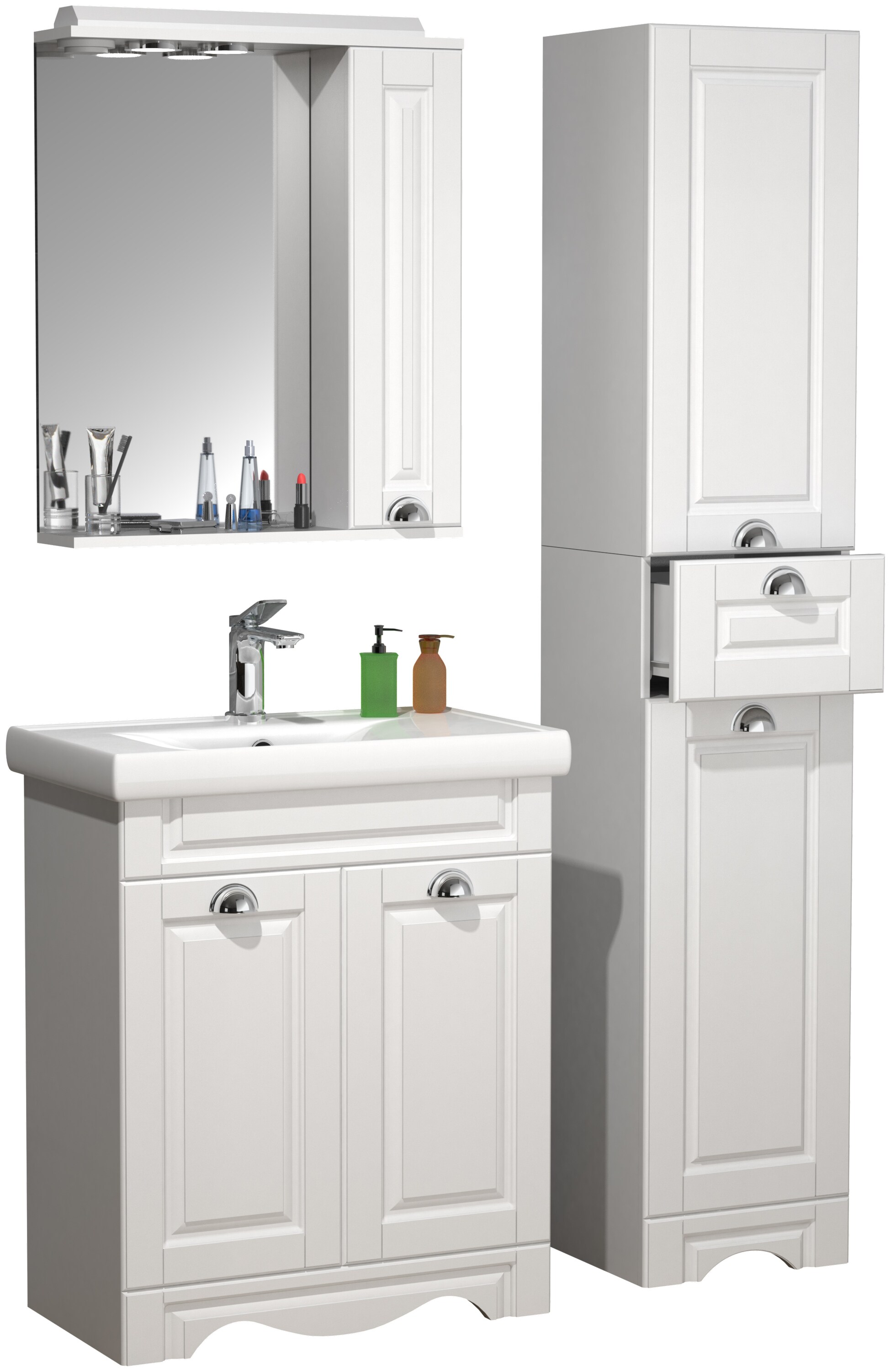 VCM 4-tlg. Waschplatz Waschtisch Breite 60 cm Badm&ouml;bel Set Waschbecken Spiegelschrank Hochschrank Schublade Landhaus Casalo L 