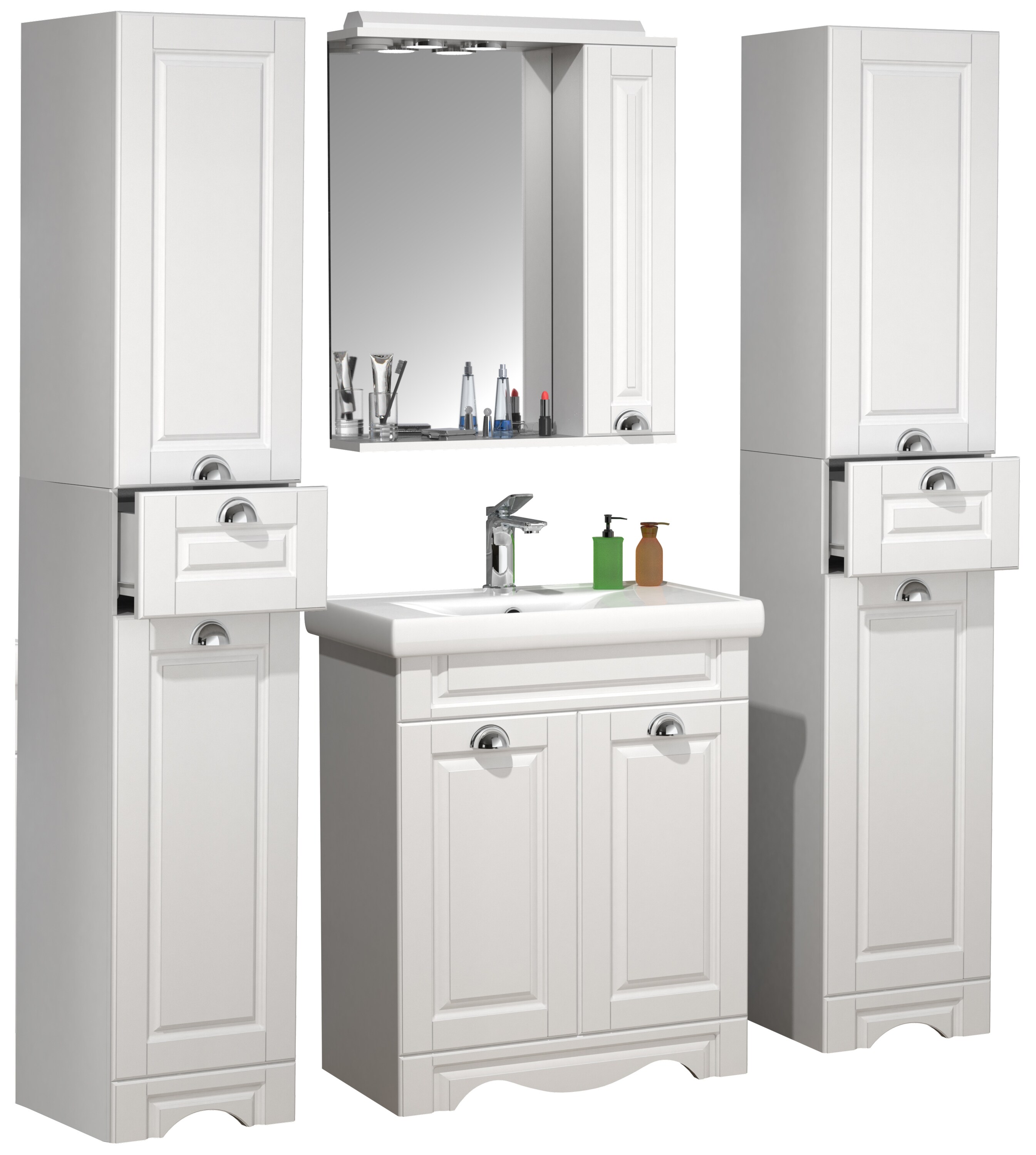 VCM 5-tlg. Waschplatz Waschtisch Breite 60 cm Badm&ouml;bel Set Waschbecken Spiegelschrank Hochschrank Landhaus Casalo L 