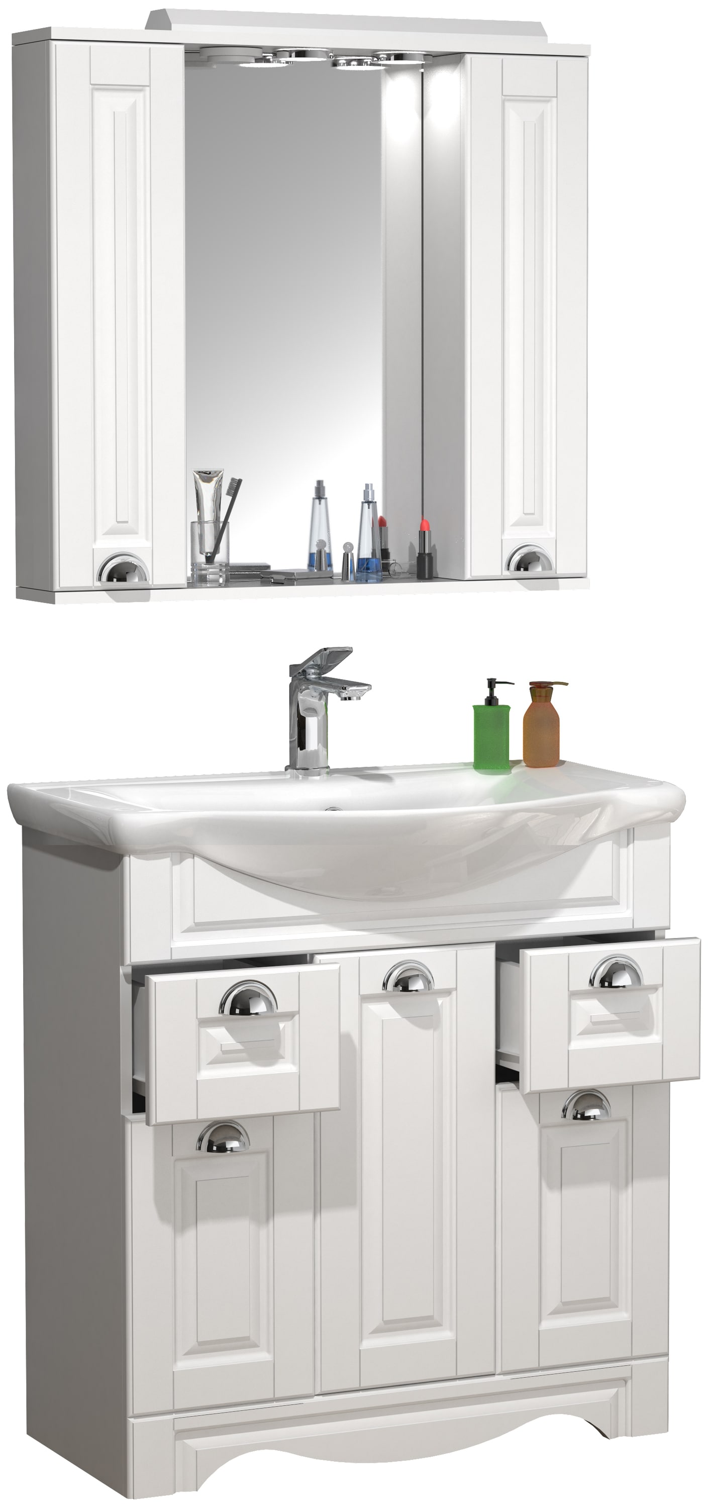 VCM 3-tlg. Waschplatz | Waschtisch Unterschrank 75 cm | Badm&ouml;bel Set mit Waschbecken und Spiegelschrank | praktische Schubladen | Landhaus | Komplettset Casalo XL 