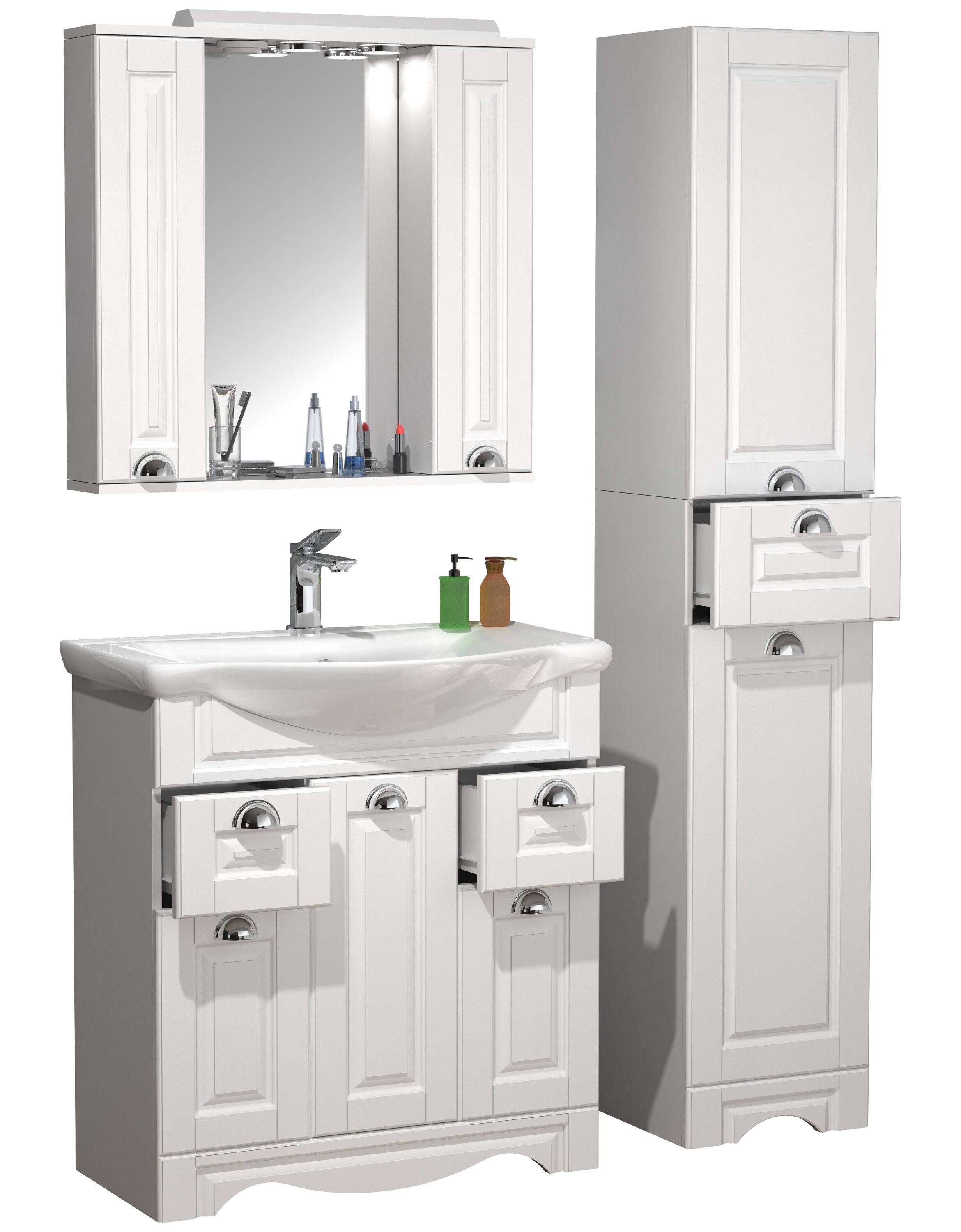 VCM 4-tlg. Waschplatz Waschtisch Breite 75 cm Badm&ouml;bel Set Waschbecken Spiegelschrank Hochschrank Schublade Landhaus Casalo XL 