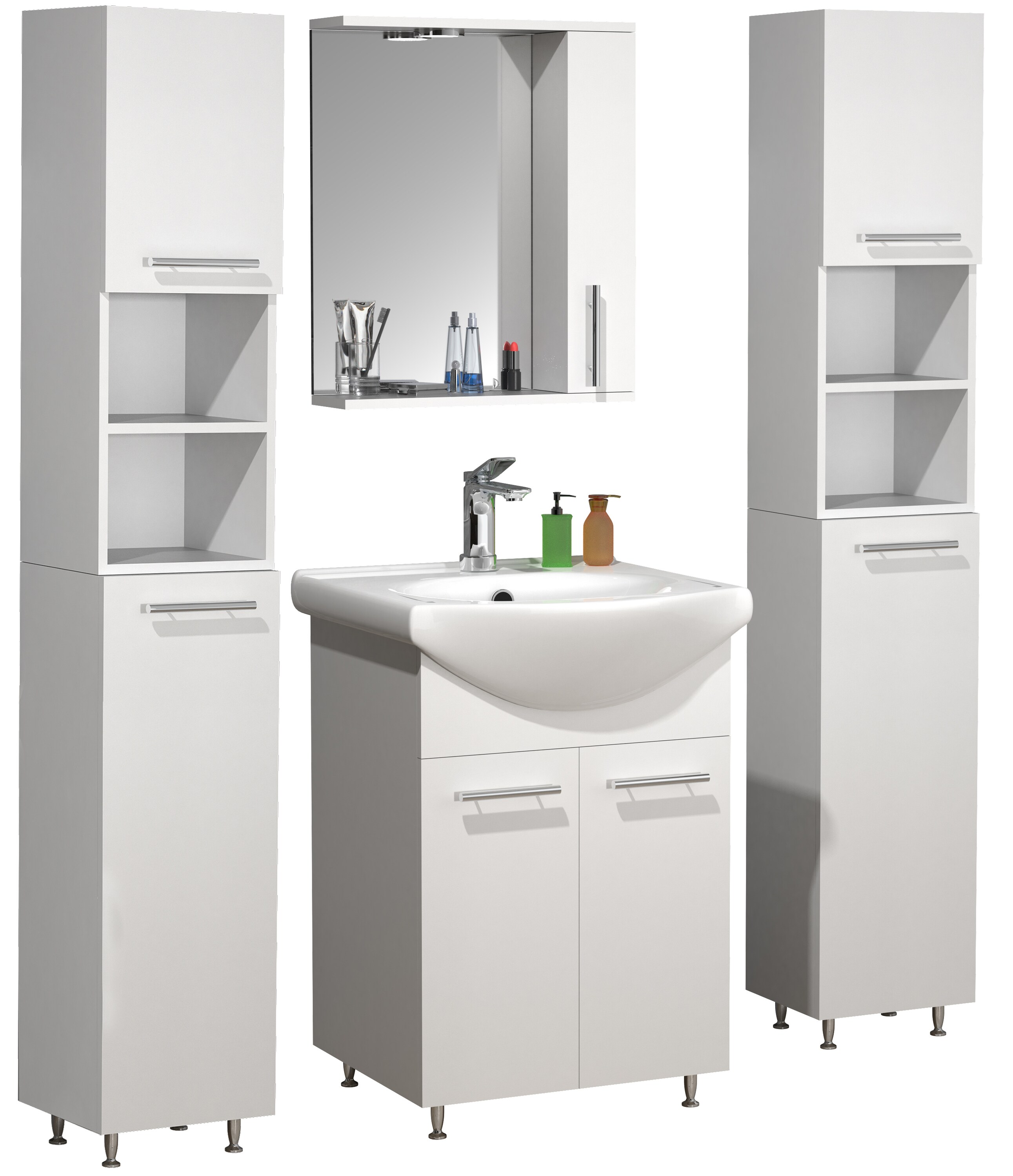 VCM 5-tlg. Waschplatz | Waschtisch Unterschrank 55 cm | Badm&ouml;bel Set mit Waschbecken Spiegeschrank Hochschrank | praktische Dreht&uuml;ren | Komplettset Lisalo M 