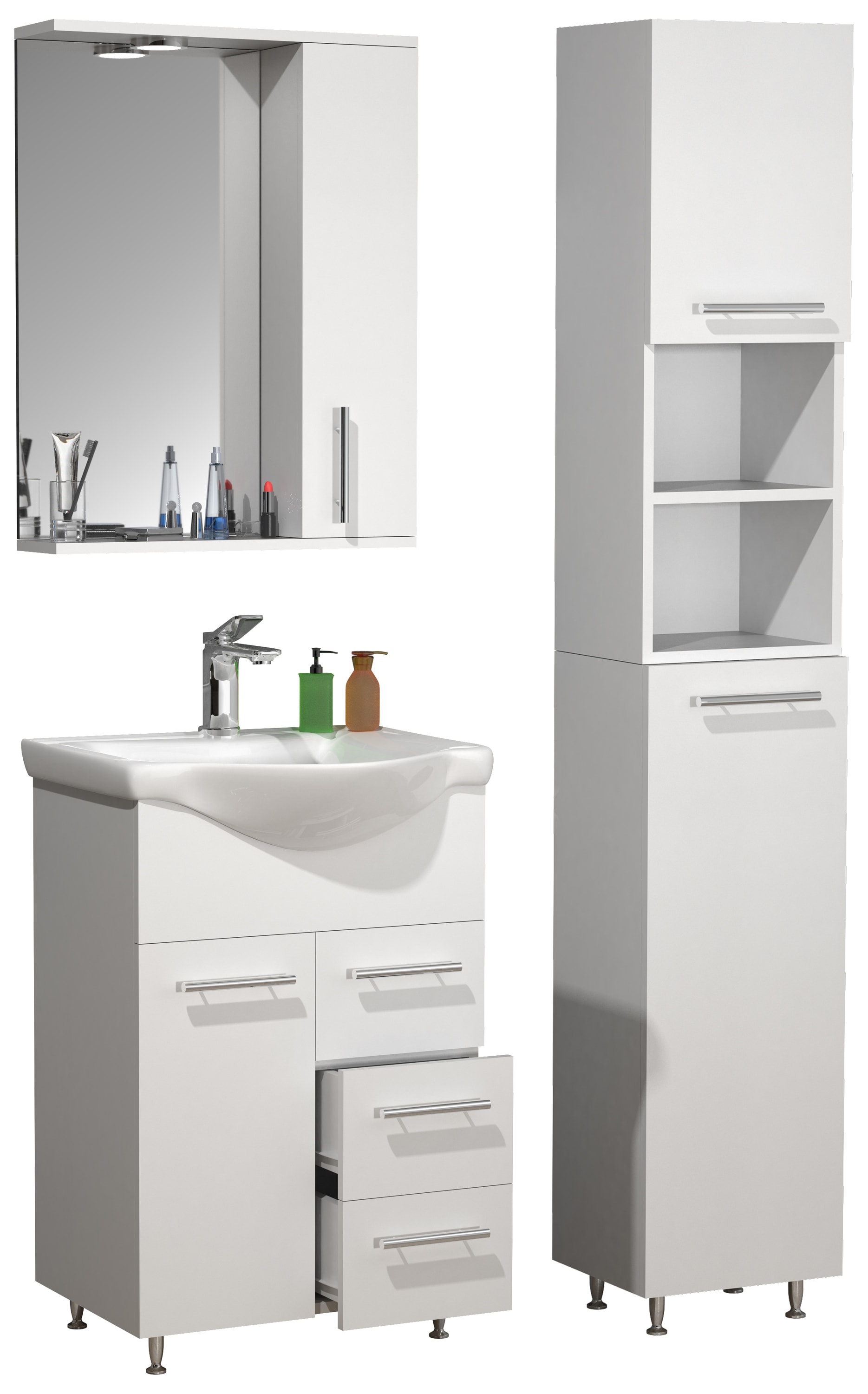 VCM 4-tlg. Waschplatz | Waschtisch Unterschrank 55 cm | Badm&ouml;bel Set mit Waschbecken Hochschrank Spiegelschrank | Schublade | Komplettset Lisalo L 