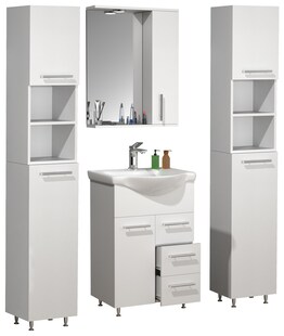 VCM 5-tlg. Waschplatz | Waschtisch Unterschrank 55 cm | Badmöbel Set mit Waschbecken, 2x Hochschrank, Spiegelschrank | praktische Schubladen und Drehtüren | Komplettset Lisalo L 