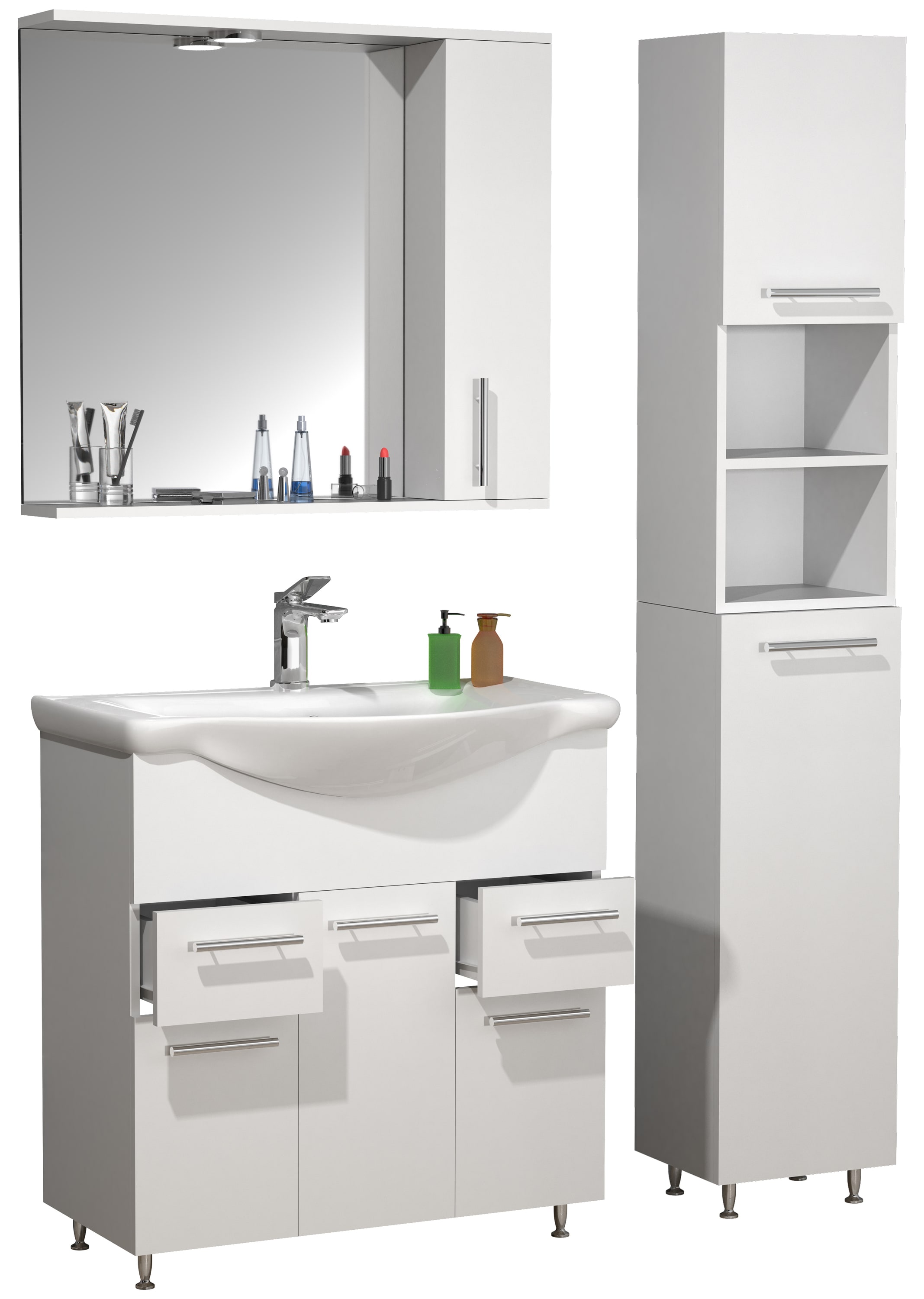 VCM 4-tlg. Waschplatz | Waschtisch Badm&ouml;bel Unterschrank 75 cm | Set mit Waschbecken Spiegelschrank Hochschrank | Schubladen und Dreht&uuml;ren | Komplett Lisalo XL 