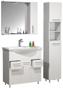 VCM 4-tlg. Waschplatz | Waschtisch Badmöbel Unterschrank 75 cm | Set mit Waschbecken Spiegelschrank Hochschrank | Schubladen und Drehtüren | Komplett Lisalo XL 