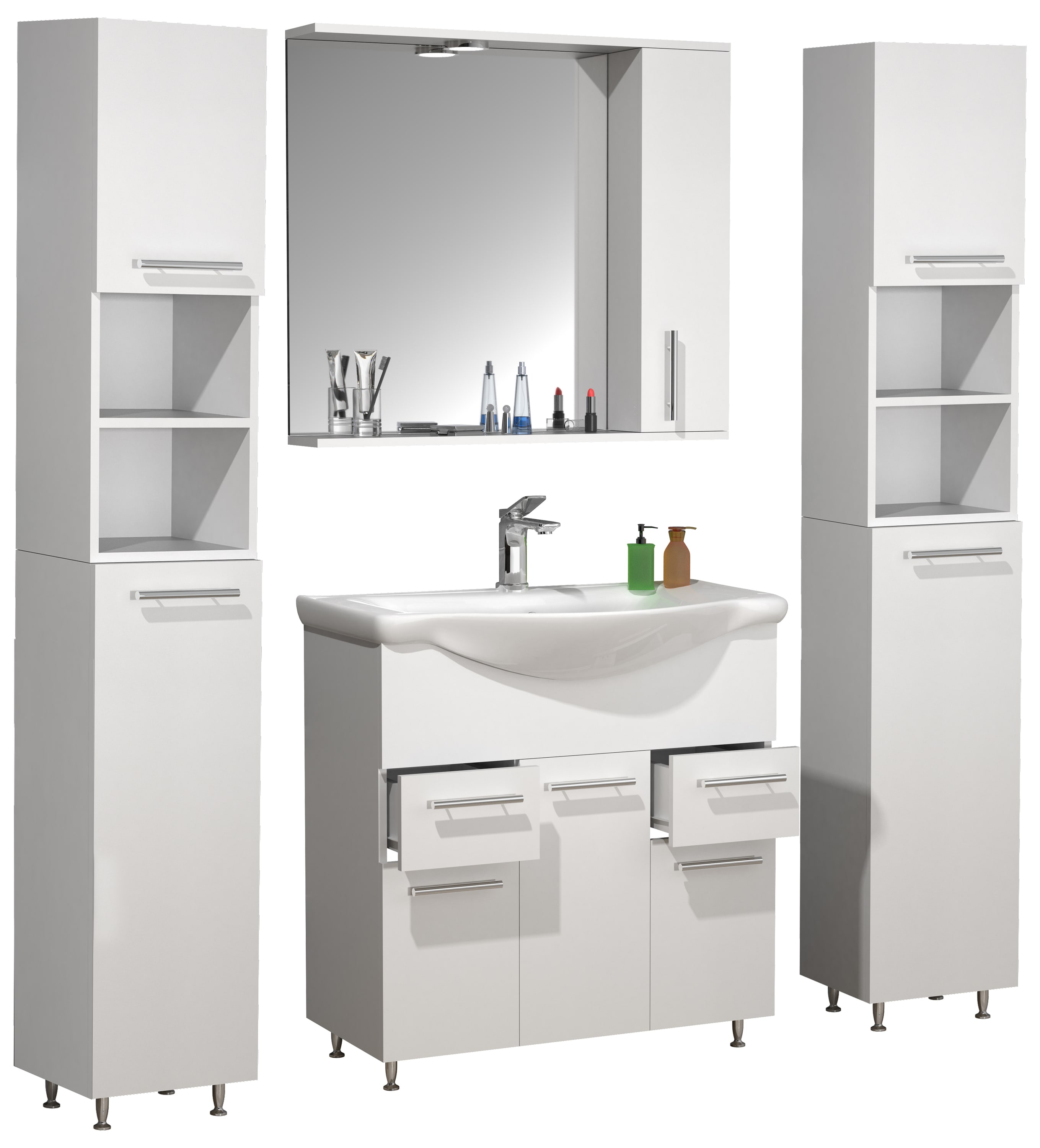 VCM 5-tlg. Waschplatz | Waschtisch Unterschrank 75 cm | Badm&ouml;bel Set mit Waschbecken, Spiegelschrank, 2x Hochschrank | praktische Schubladen Dreht&uuml;ren | Komplettset Lisalo XL 