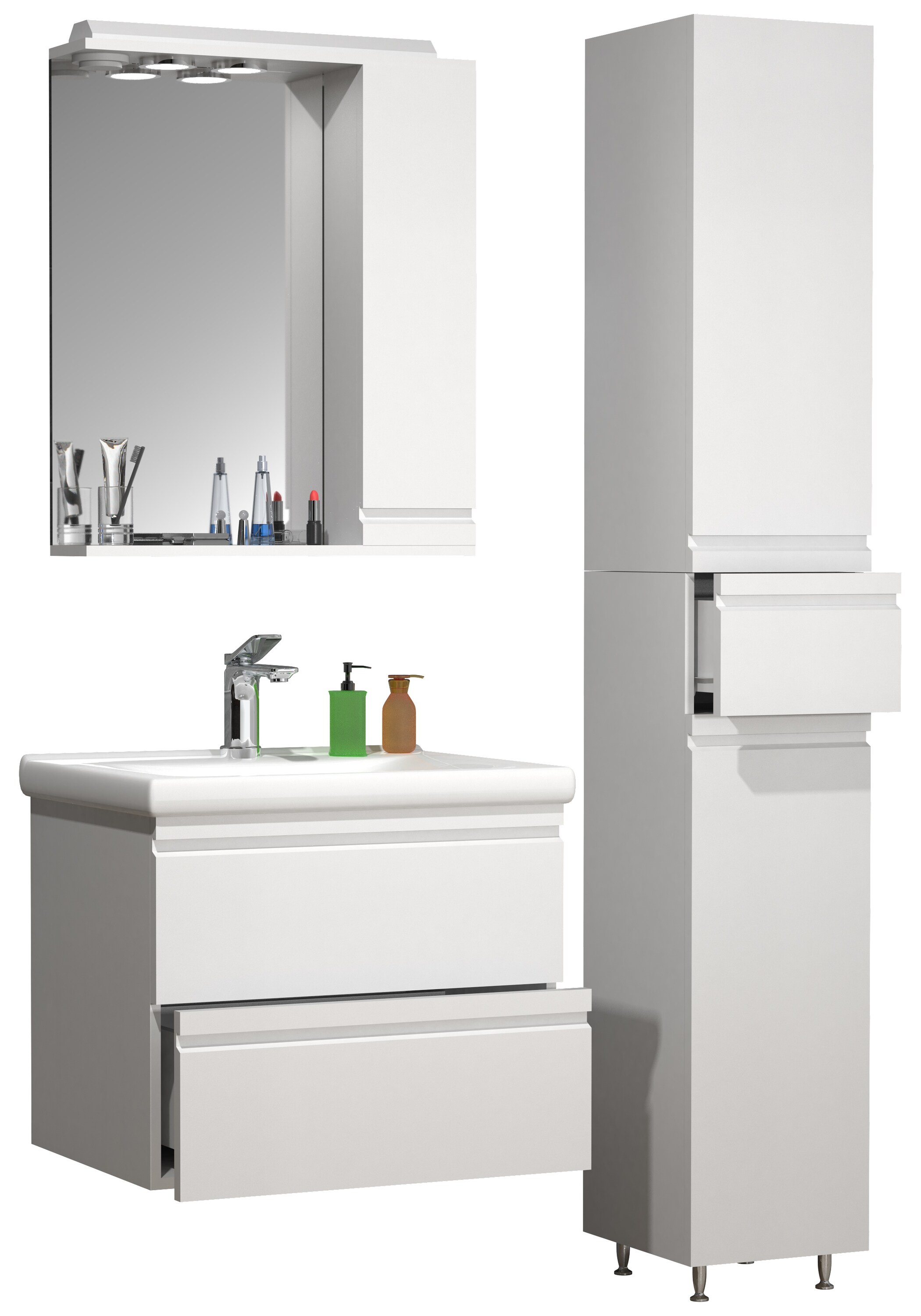 VCM 4-tlg. Waschplatz Waschtisch 60 cm Badm&ouml;bel Set Waschbecken grifflose Schublade Spiegelschrank Hochschrank Silora L 