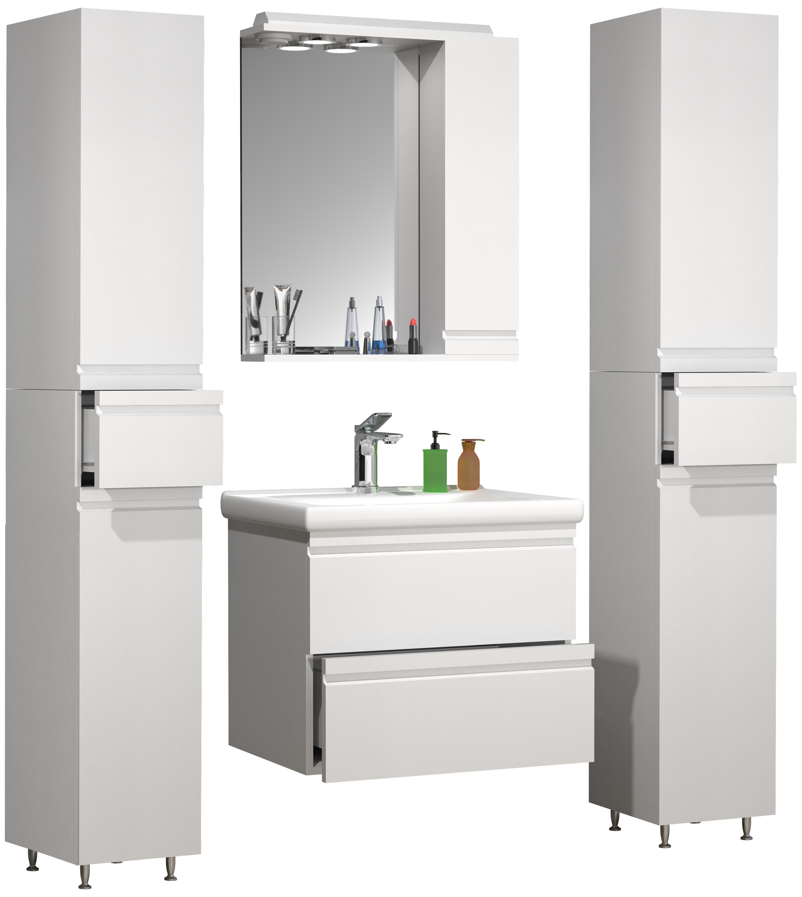 VCM 5-tlg. Waschplatz | Waschtisch Unterschrank 60 cm | Badm&ouml;bel Set mit Keramik Waschbecken | grifflosen Schubladen | Spiegelschrank | 2x Hochschrank | Komplettset Silora L 