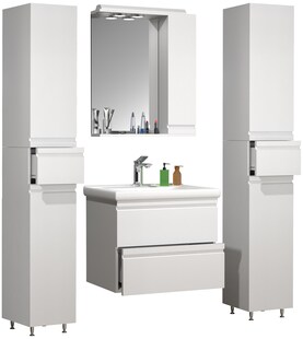 VCM 5-tlg. Waschplatz | Waschtisch Unterschrank 60 cm | Badmöbel Set mit Keramik Waschbecken | grifflosen Schubladen | Spiegelschrank | 2x Hochschrank | Komplettset Silora L 