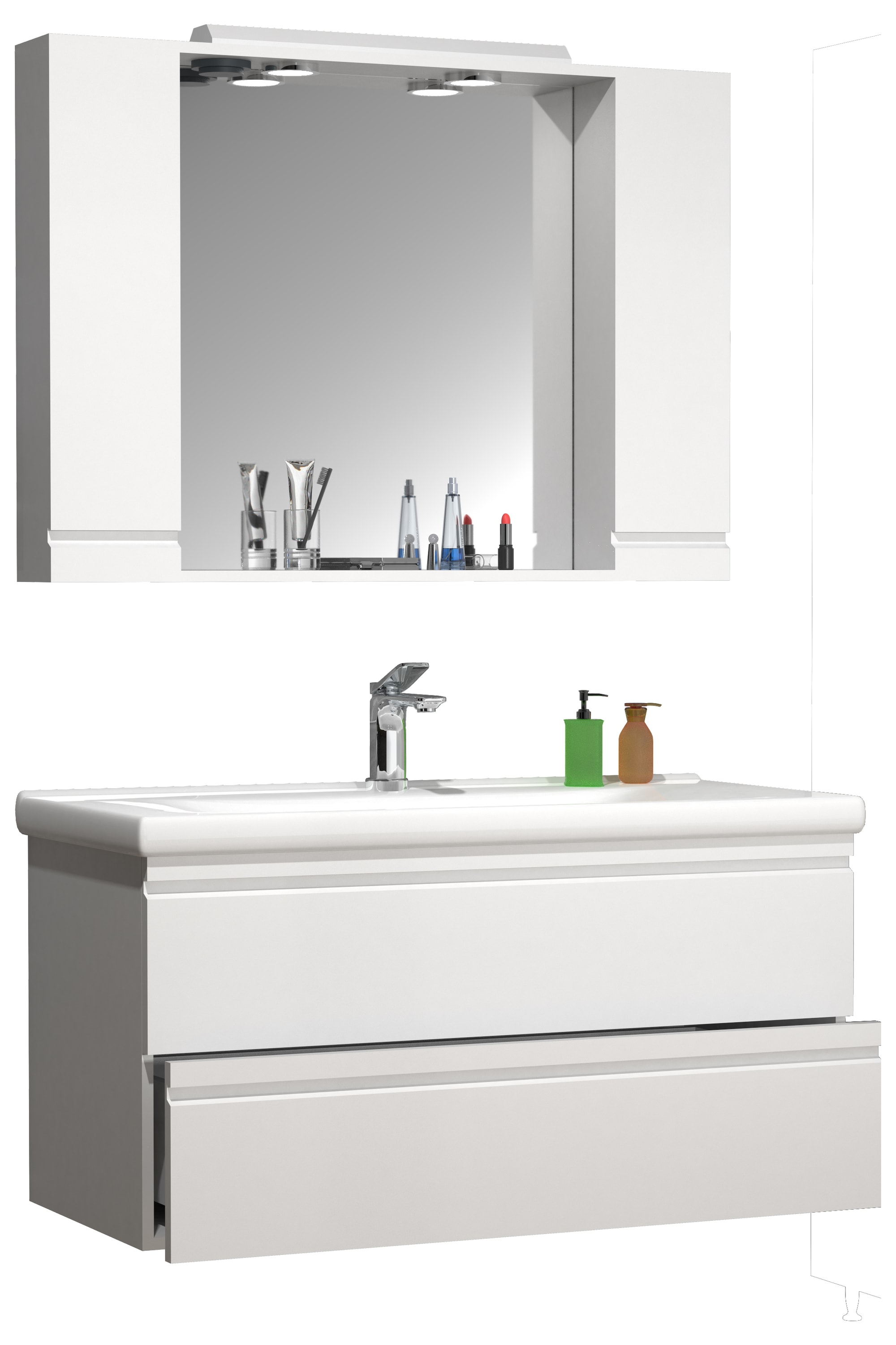 VCM 3-tlg. Waschplatz | Waschtisch Unterschrank 100 cm | Badm&ouml;bel Set mit Waschbecken | grifflose Schubladen | Spiegelschrank | Komplett Silora XL 