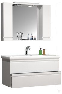 VCM 3-tlg. Waschplatz | Waschtisch Unterschrank 100 cm | Badmöbel Set mit Waschbecken | grifflose Schubladen | Spiegelschrank | Komplett Silora XL 