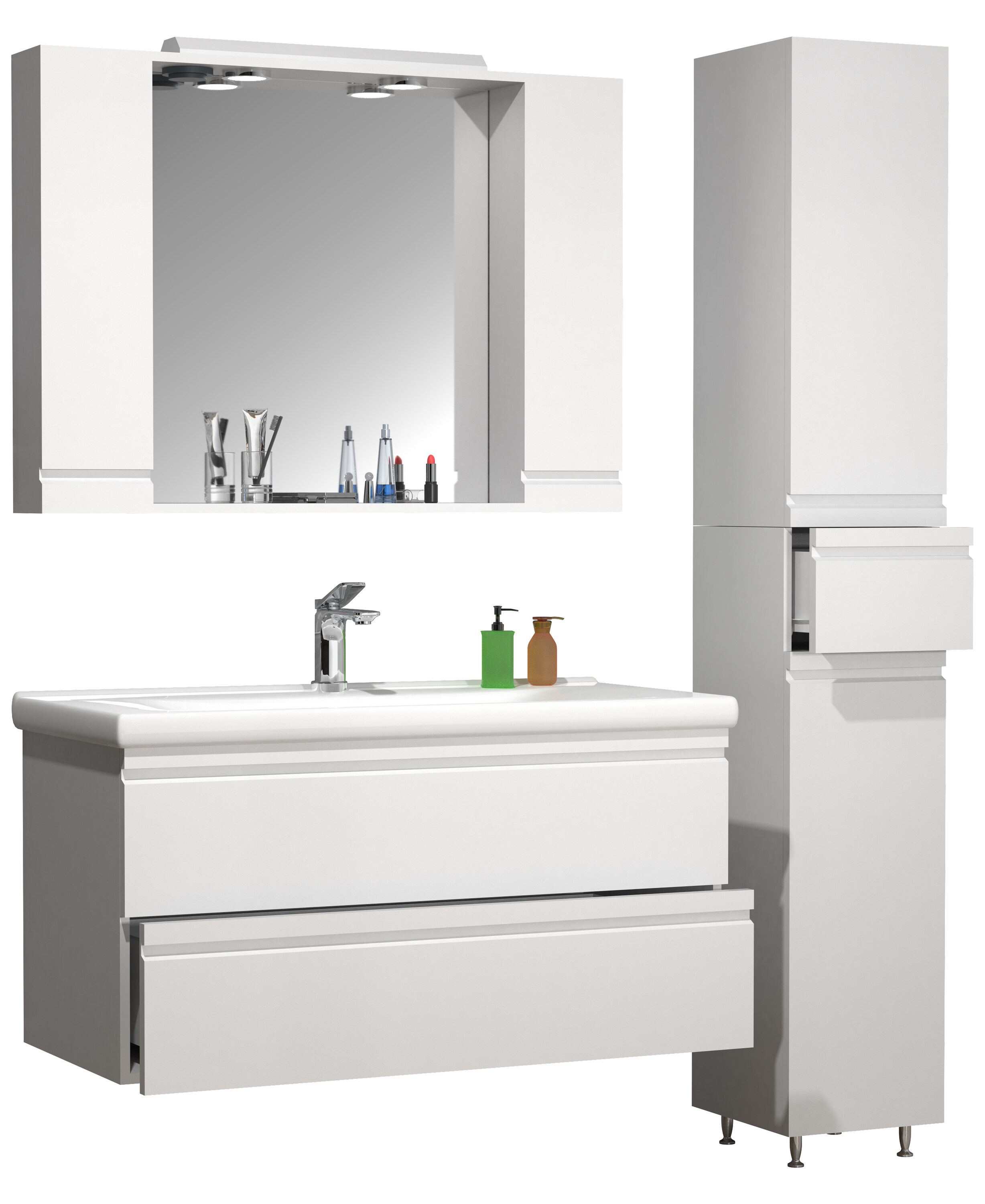 VCM 4-tlg. Waschplatz Waschtisch 100 cm Badm&ouml;bel Set Waschbecken grifflose Schublade Spiegelschrank Hochschrank Silora XL 