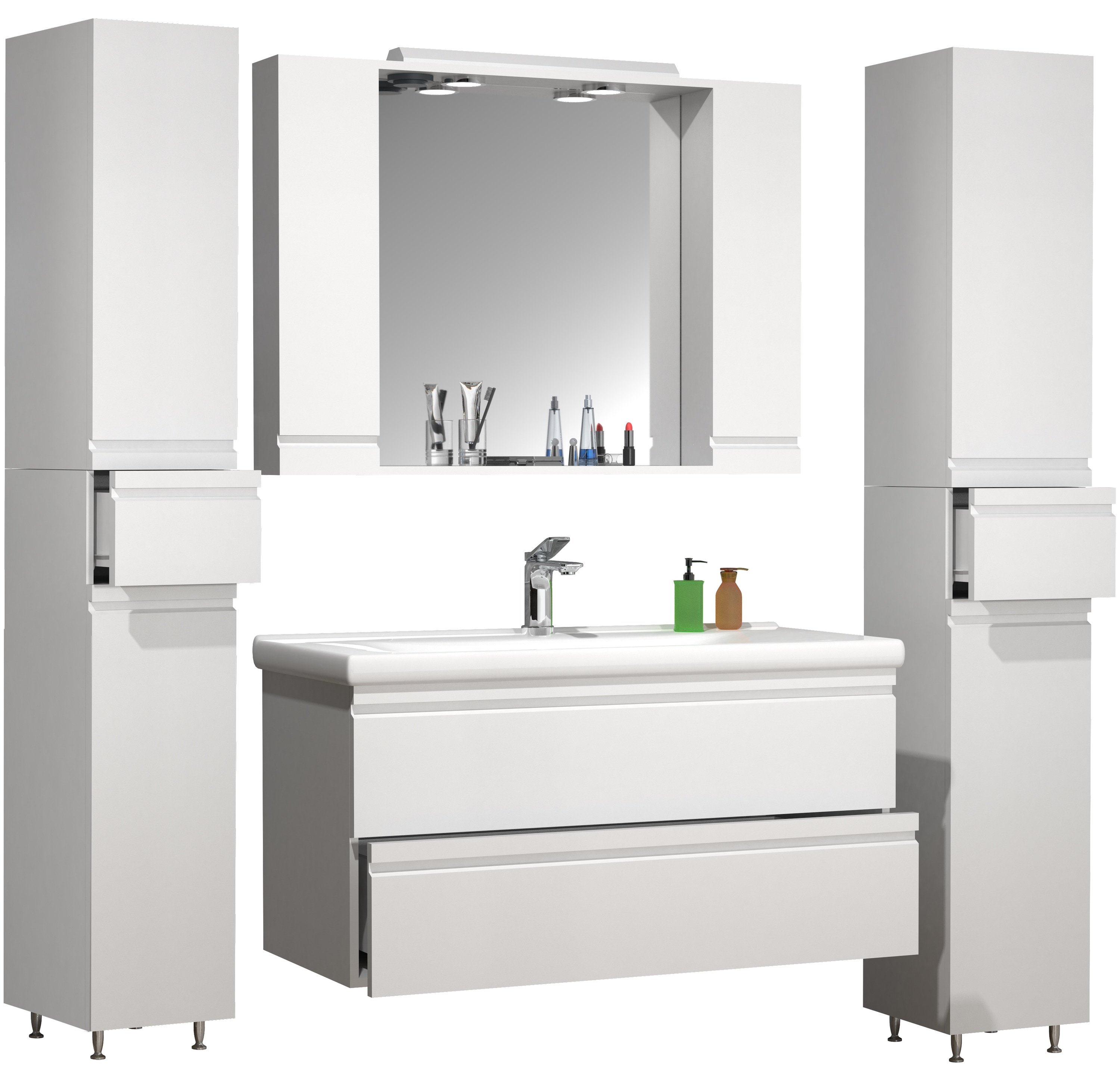 VCM 5-tlg. Waschplatz | Waschtisch Unterschrank 100 cm | Badm&ouml;bel Set mit Waschbecken Spiegelschrank Hochschrank | grifflose Schubladen | Komplettset Silora XL 