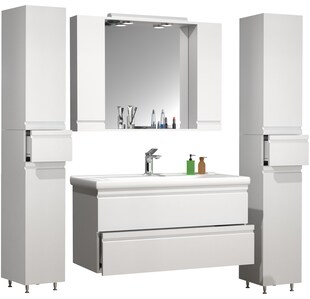 VCM 5-tlg. Waschplatz | Waschtisch Unterschrank 100 cm | Badmöbel Set mit Waschbecken Spiegelschrank Hochschrank | grifflose Schubladen | Komplettset Silora XL 