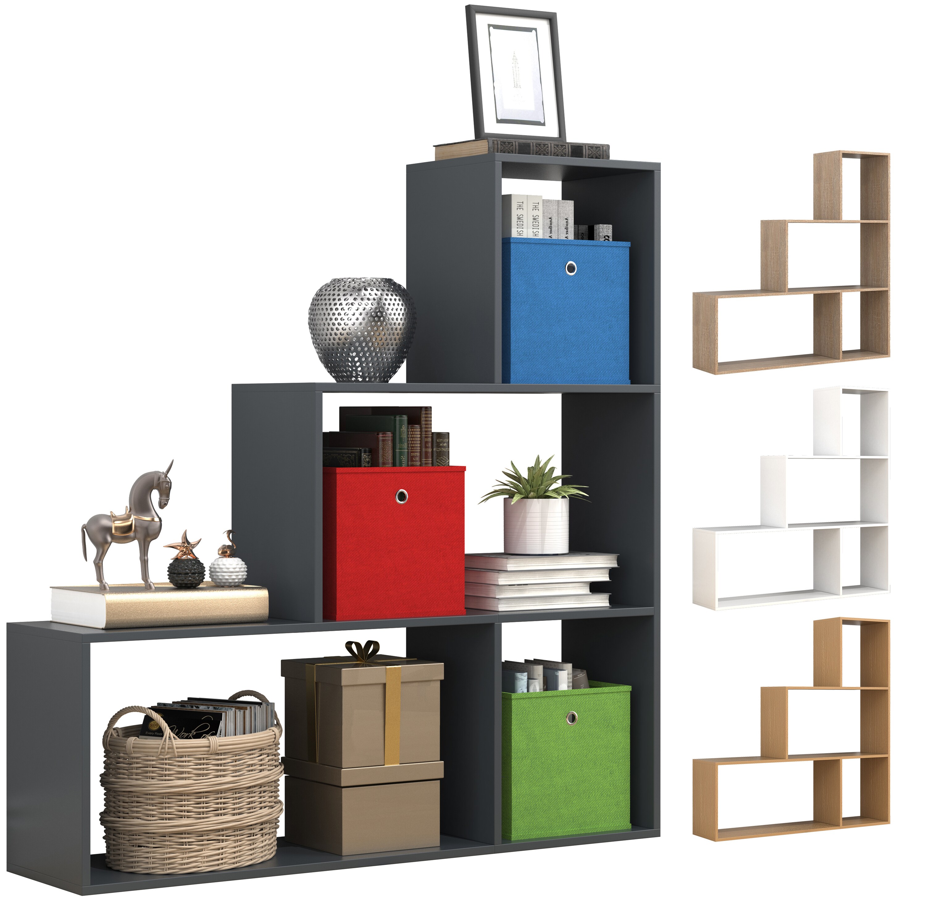 VCM Holz Stand Treppenregal Stufenregal Standregal Raumteiler B&uuml;cherregal Dubila M 