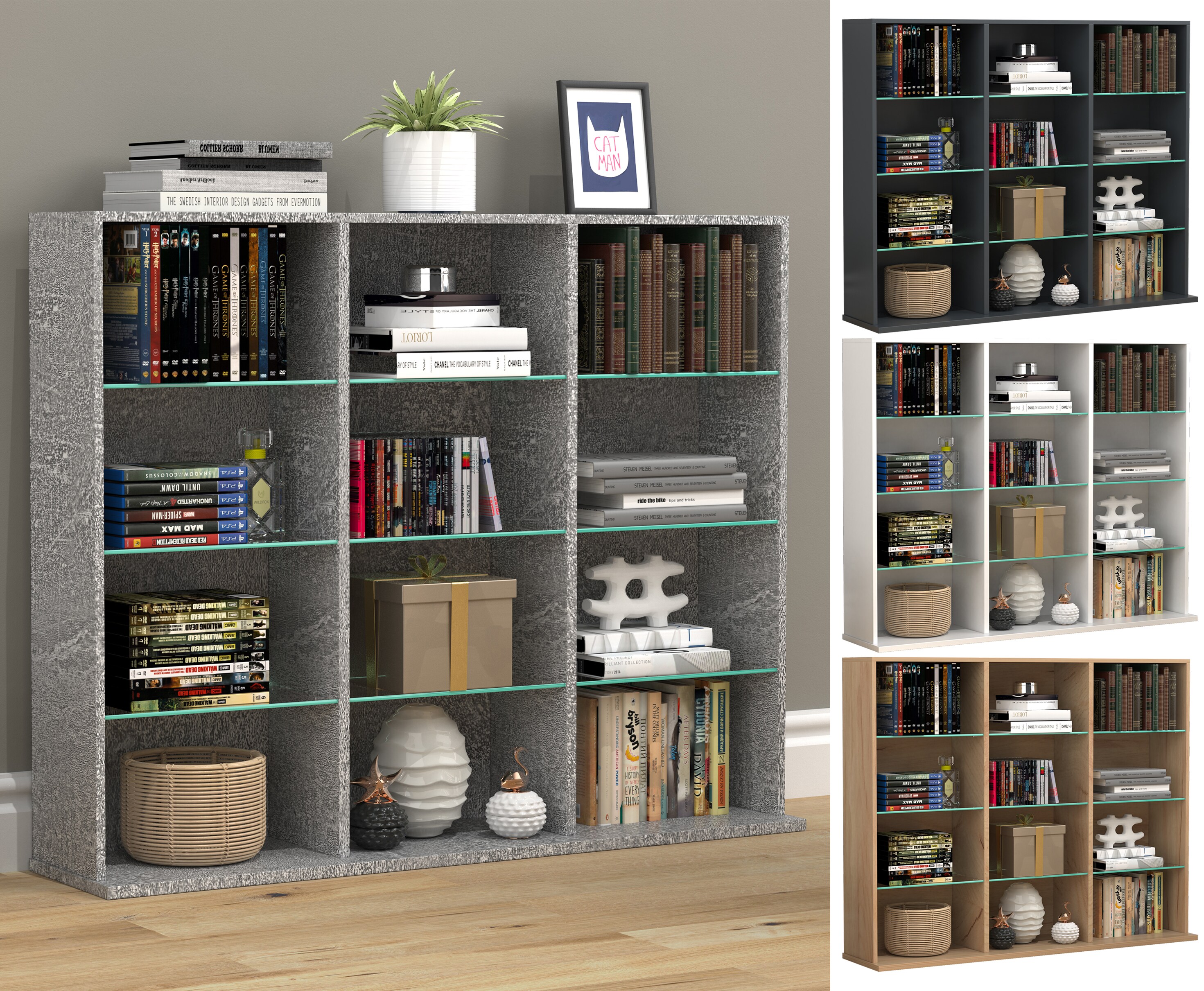 VCM Holz CD DVD Standregal B&uuml;cherregal Raumteiler Deko Regal Glas Zilas L 