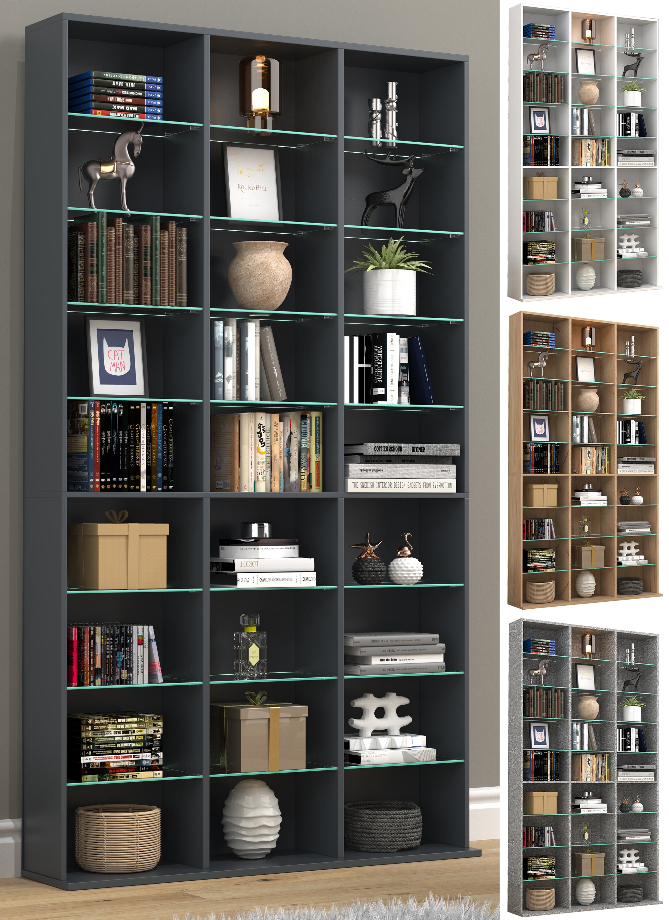 VCM Holz CD DVD Standregal B&uuml;cherregal Raumteiler Deko Regal Glas Zilas XL 