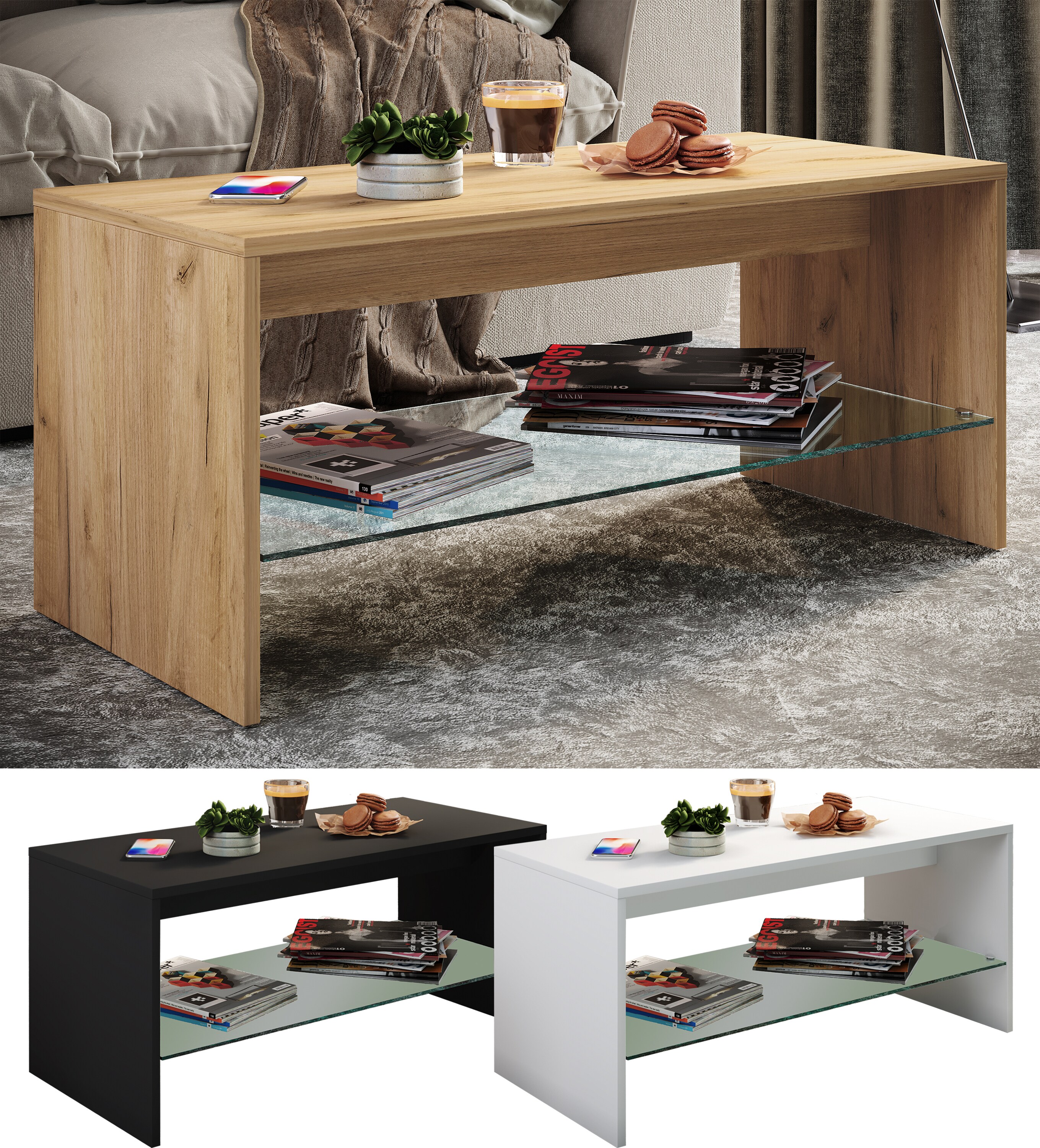 VCM Holz Couchtisch | Sofatisch mit ausreichend Stauraum | Ma&szlig;e ca. H. 40 x B. 90 x T. 40 cm | Wohnzimmertisch &ndash; Wisal 