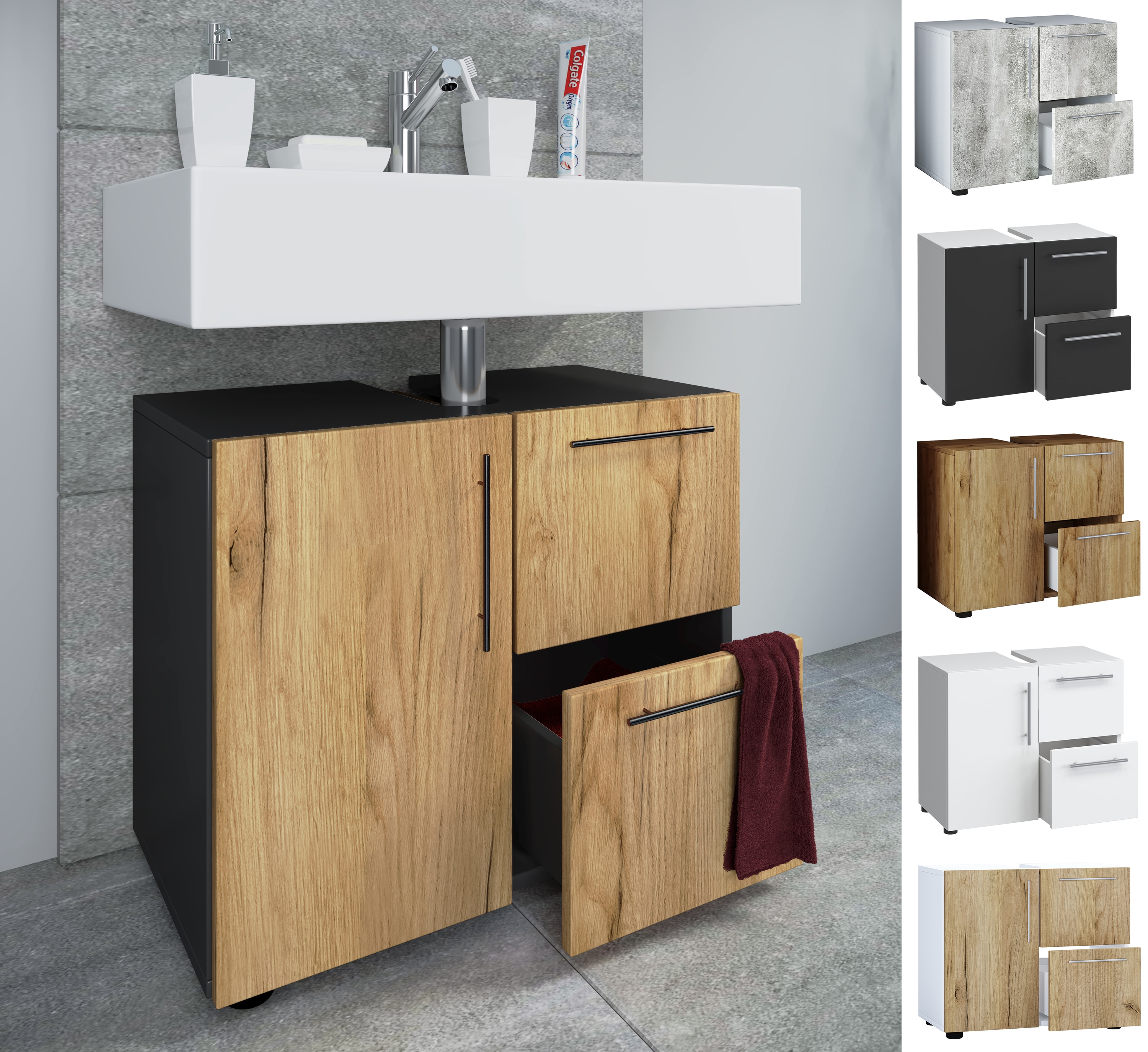 VCM Holz Waschbeckenunterschrank | Badschrank | Ma&szlig;e: H. 51 x B. 61 x T. 32 cm | 1 Dreht&uuml;r | 2 gro&szlig;e Schubladen | modernes Badezimmerm&ouml;bel - Flandu 