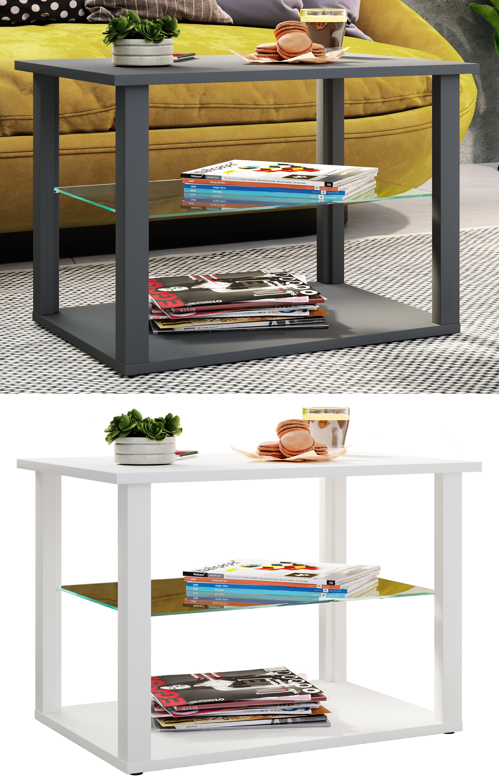 VCM Holz Beistelltisch mit ESG-Sicherheitsglas | Couchtisch schlicht | Ma&szlig;e ca. H. 45 x B. 65 x T. 45 cm | Wohnzimmertisch | Kaffeetisch - Wanilo M 