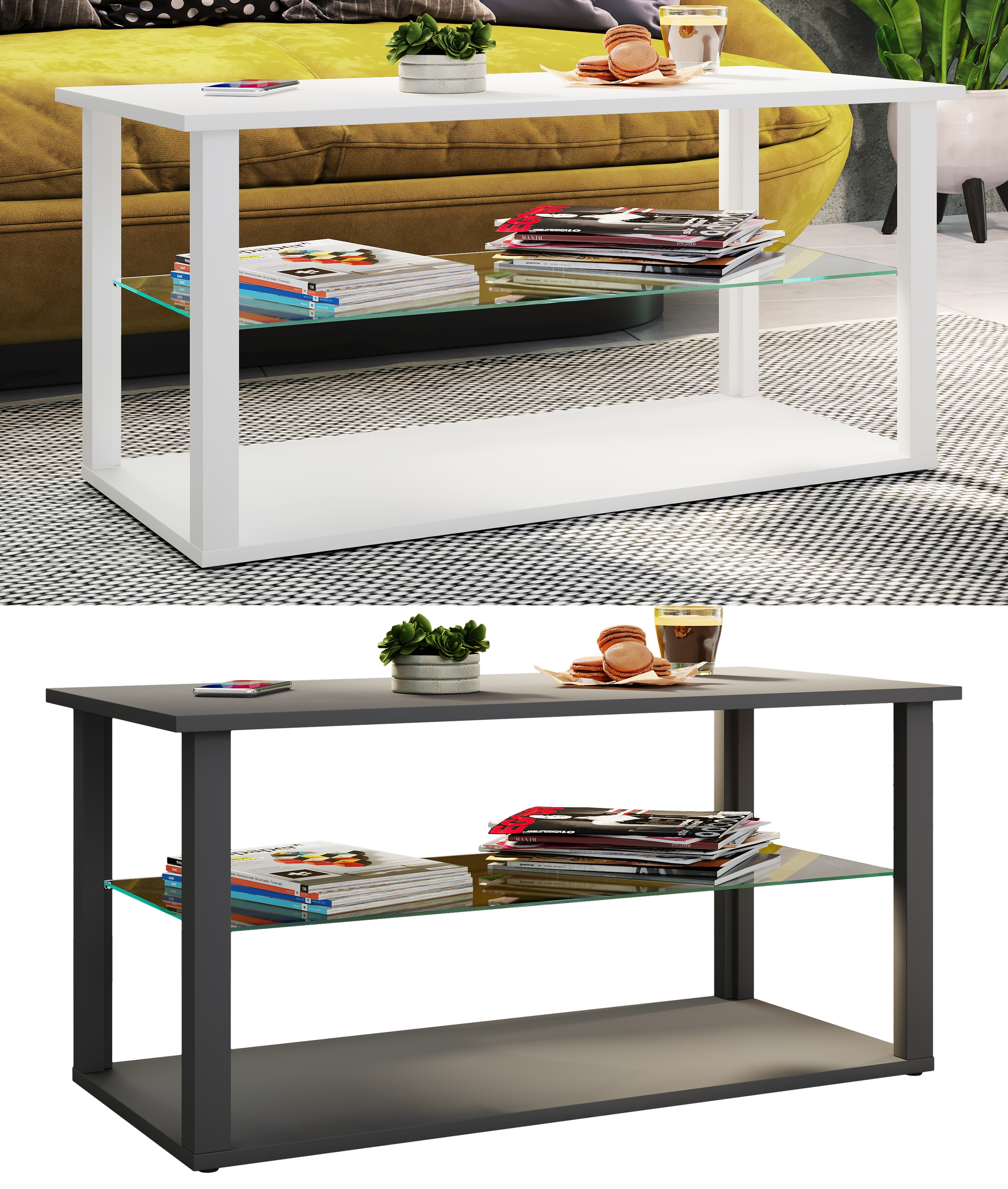 VCM Holz Beistelltisch mit ESG-Sicherheitsglas | Couchtisch schlicht | Ma&szlig;e ca. H. H. 45 x B. 95 x T. 45 cm | Wohnzimmertisch | Kaffeetisch - Wanilo L 