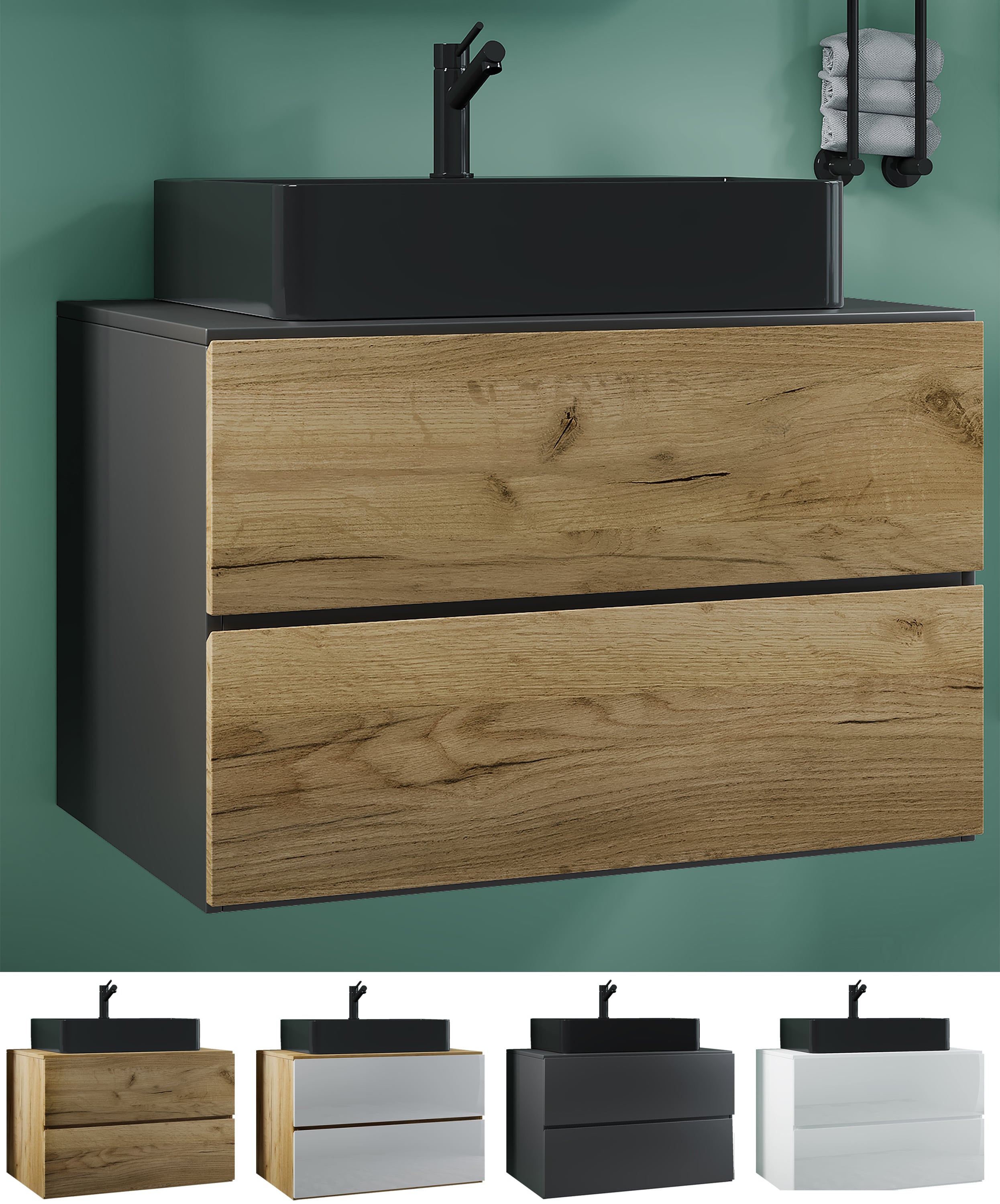 VCM 2-tlg. Waschplatz Waschtisch | schwarzes Waschbecken Unterschrank Breite 80 cm |  Badm&ouml;bel Set mit Schubladen | Lendas S BL 