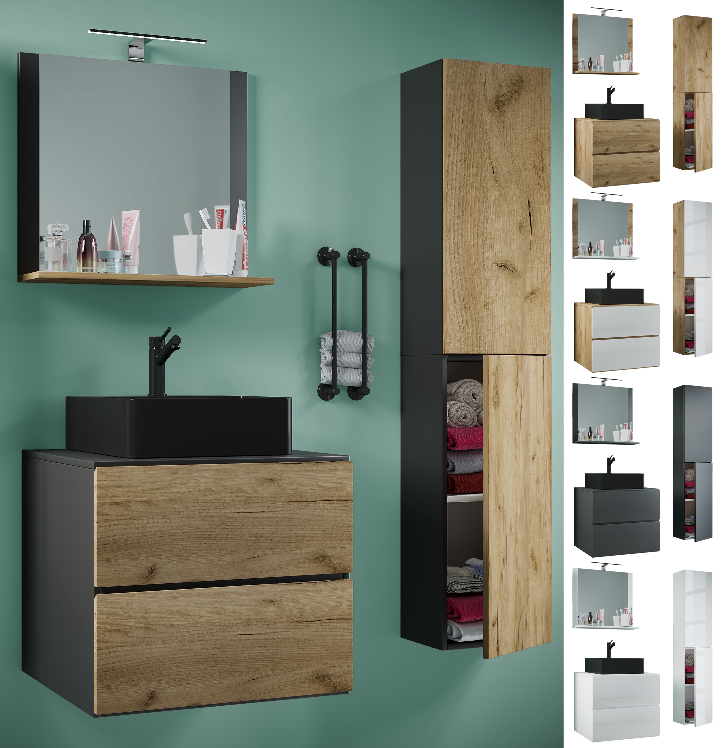 VCM 4-tlg. Waschplatz Waschtisch | schwarzes Waschbecken Unterschrank Breite 60 cm |  Badm&ouml;bel Set mit Schubladen Dreht&uuml;ren Spiegel | Lendas S BL 