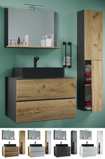 VCM 4-tlg. Waschplatz Waschtisch | schwarzes Waschbecken Unterschrank  Breite 60 cm |  Badmöbel Set mit Schubladen Drehtüren Spiegel | Lendas S BL 