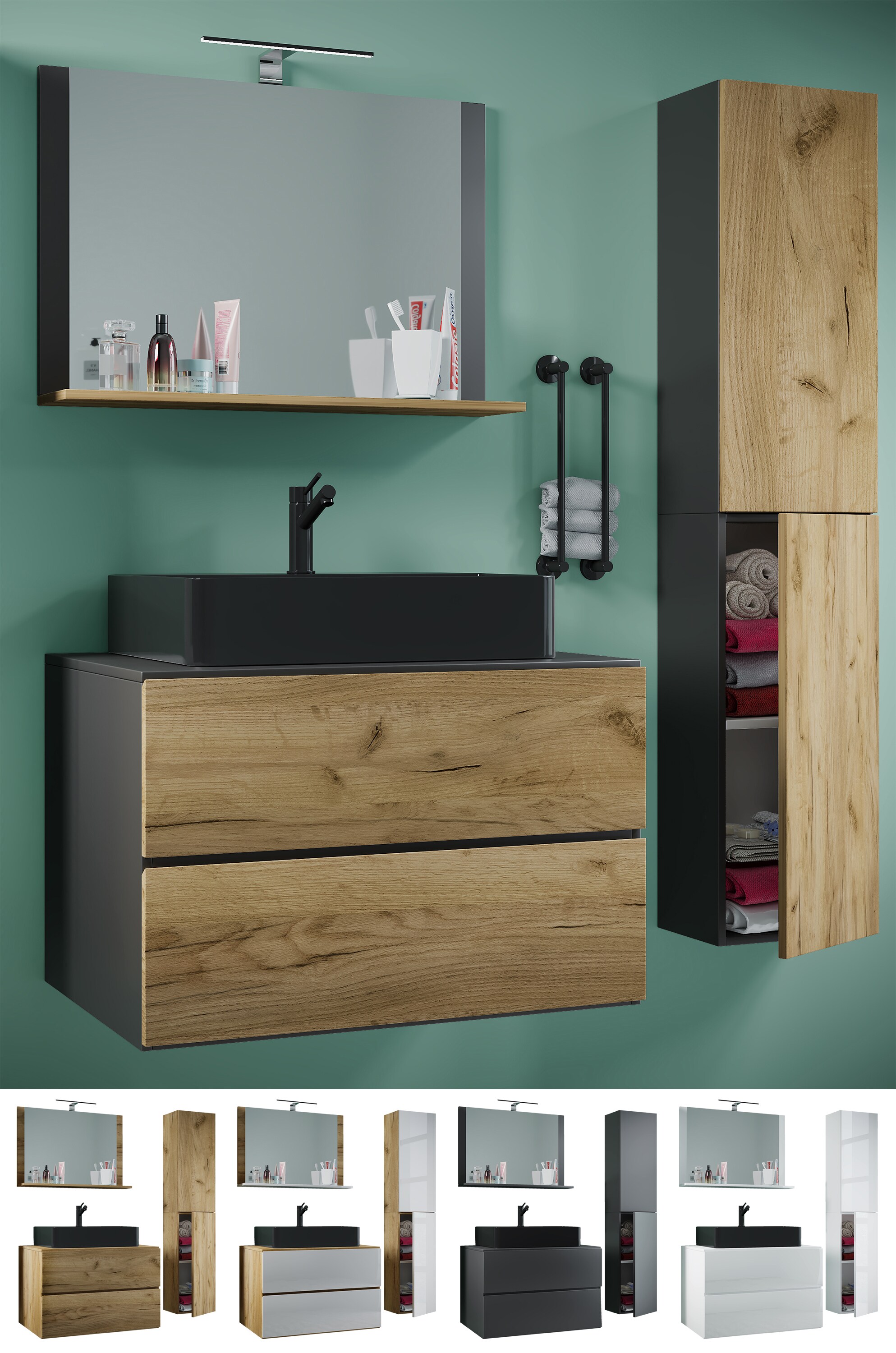 VCM 4-tlg. Waschplatz Waschtisch | schwarzes Waschbecken Unterschrank  Breite 60 cm |  Badm&ouml;bel Set mit Schubladen Dreht&uuml;ren Spiegel | Lendas S BL 