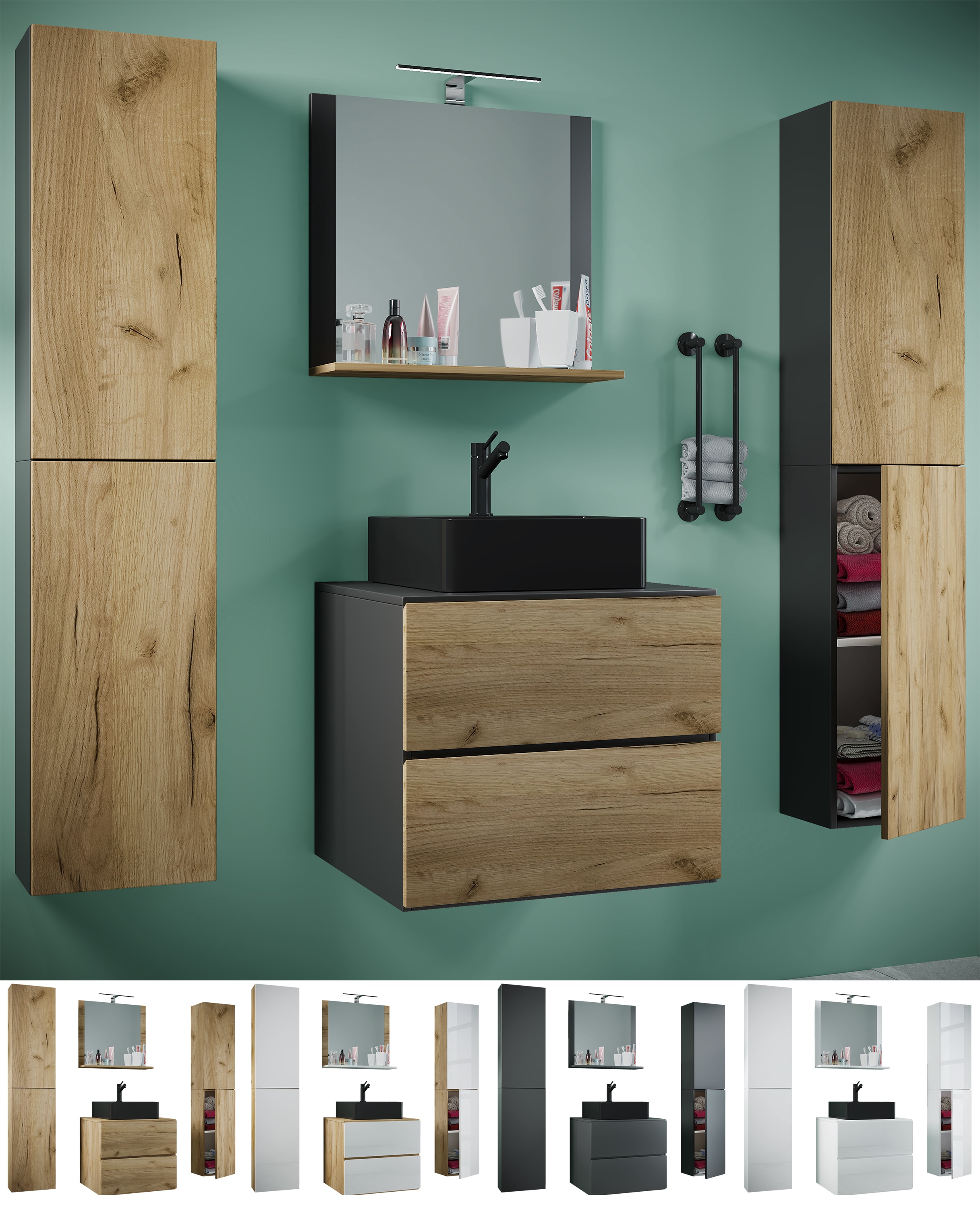 VCM 5-tlg. Waschplatz Waschtisch | schwarzes Waschbecken Unterschrank Breite 60 cm |  Badm&ouml;bel Set mit Schubladen Dreht&uuml;ren Spiegel | Lendas S BL 