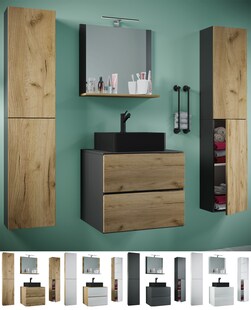 VCM 5-tlg. Waschplatz Waschtisch | schwarzes Waschbecken Unterschrank Breite 60 cm |  Badmöbel Set mit Schubladen Drehtüren Spiegel | Lendas S BL 