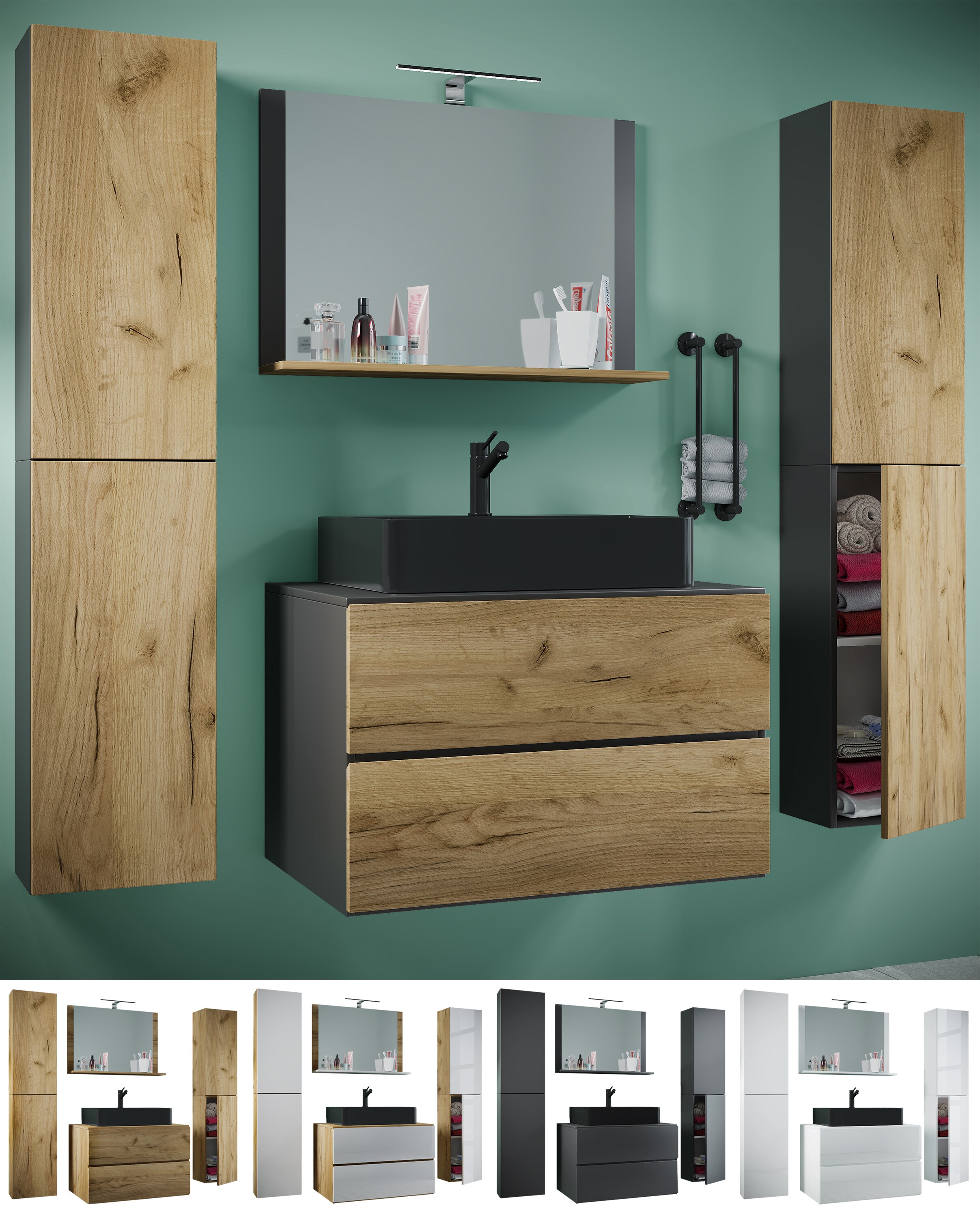 VCM 5-tlg. Waschplatz Waschtisch | schwarzes Waschbecken Unterschrank Breite 60 cm |  Badm&ouml;bel Set mit Schubladen Dreht&uuml;ren Spiegel | Lendas S BL 