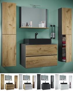 VCM 5-tlg. Waschplatz Waschtisch | schwarzes Waschbecken Unterschrank Breite 60 cm |  Badmöbel Set mit Schubladen Drehtüren Spiegel | Lendas S BL 