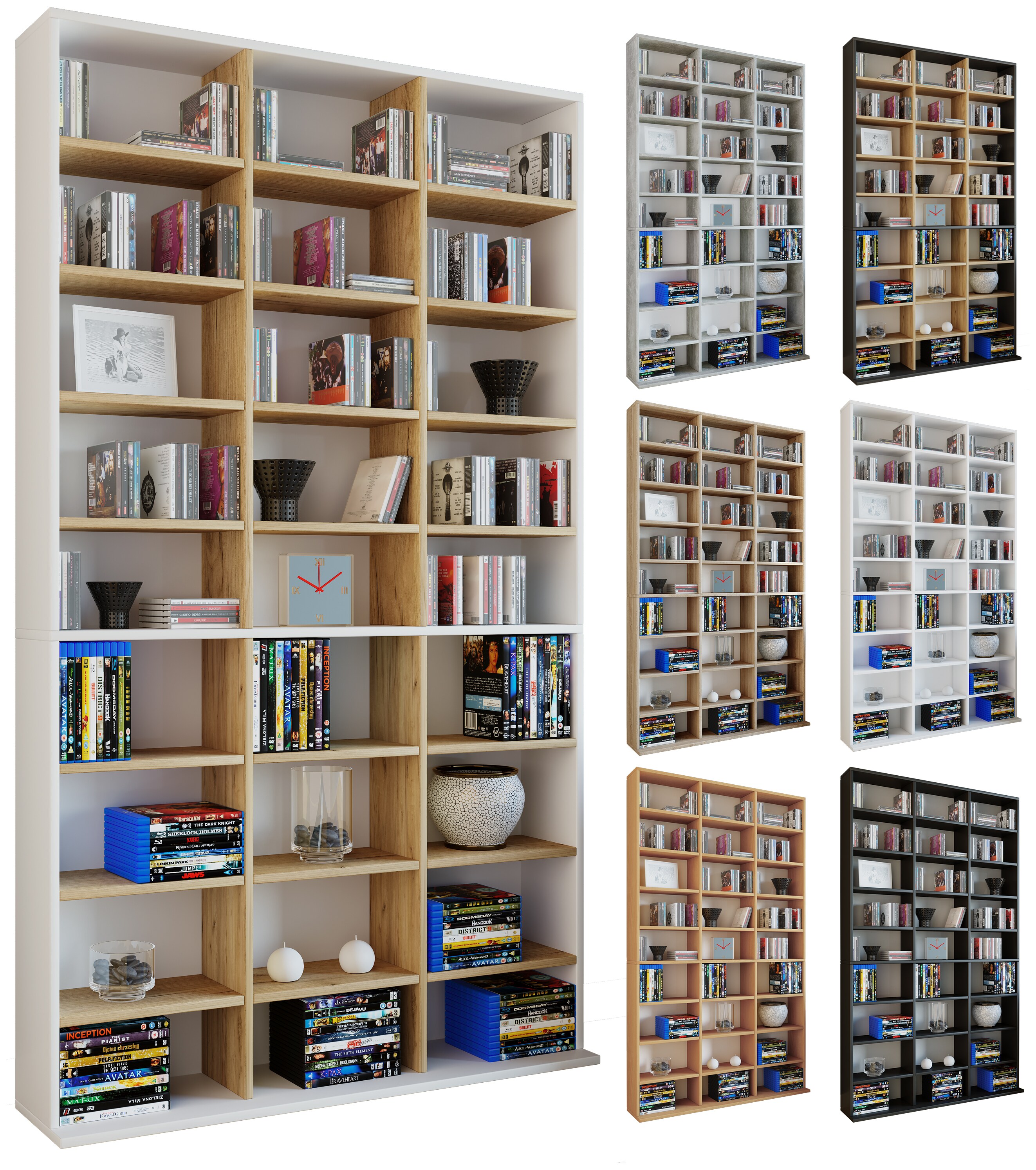 VCM Holzregal stehend | platzsparender CD-Schrank f&uuml;r 1080 CDs oder 504 DVDs | Ma&szlig;e:  H. 181 x B. 102 x T. 23 cm | Elegantes DVD Regal stehend | Blu-Ray Regal | CD Regal  Megosa XL 