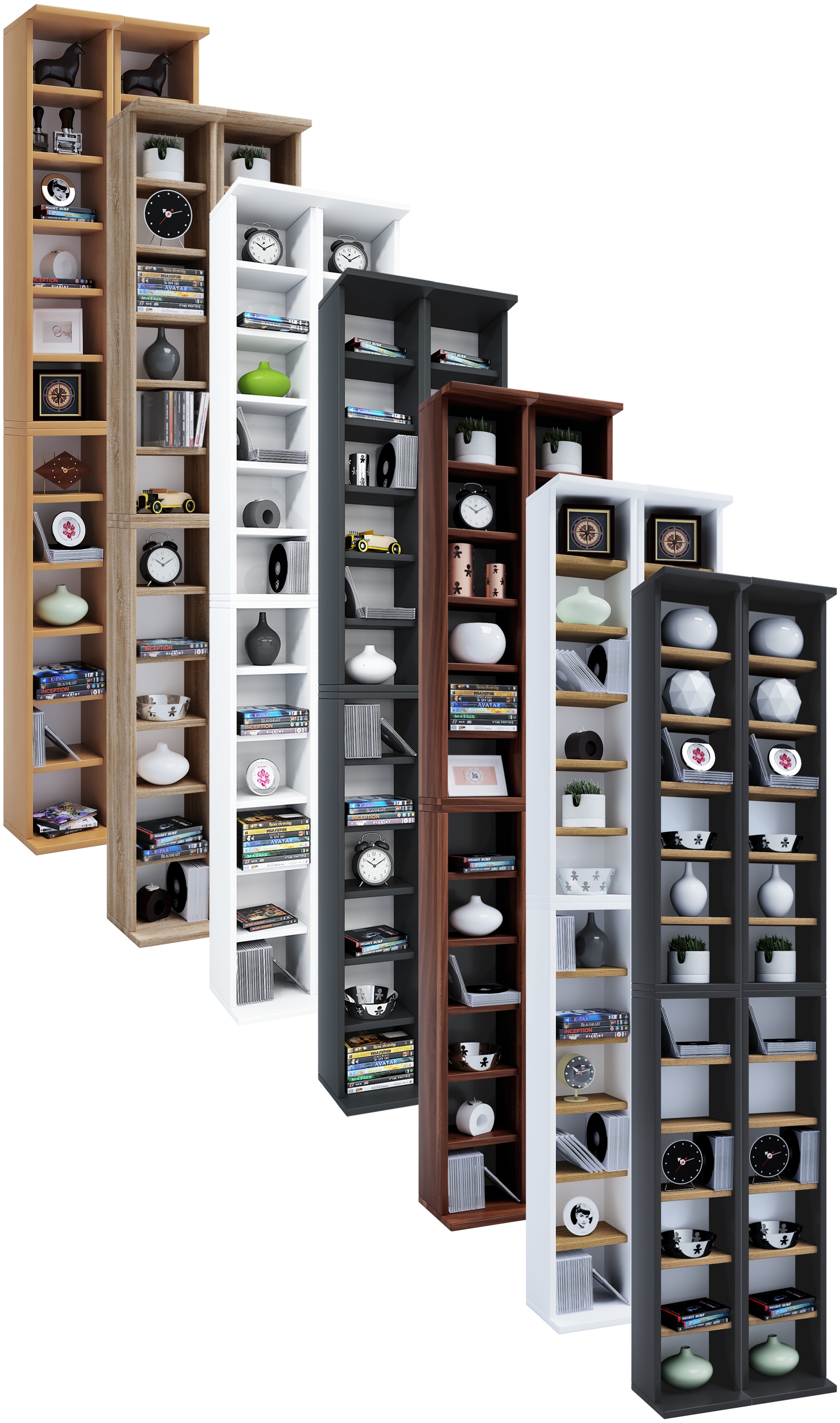 VCM Holz CD DVD Stand Regal | CD Regal mit Platz f&uuml;r 408 CDs oder 144 DVDs oder 80-Videos | Ma&szlig;e: H. 183 x B. 42 x T. 20 cm | Elegantes CD/DVD Regal | Blu ray Regal &ndash; Almera 