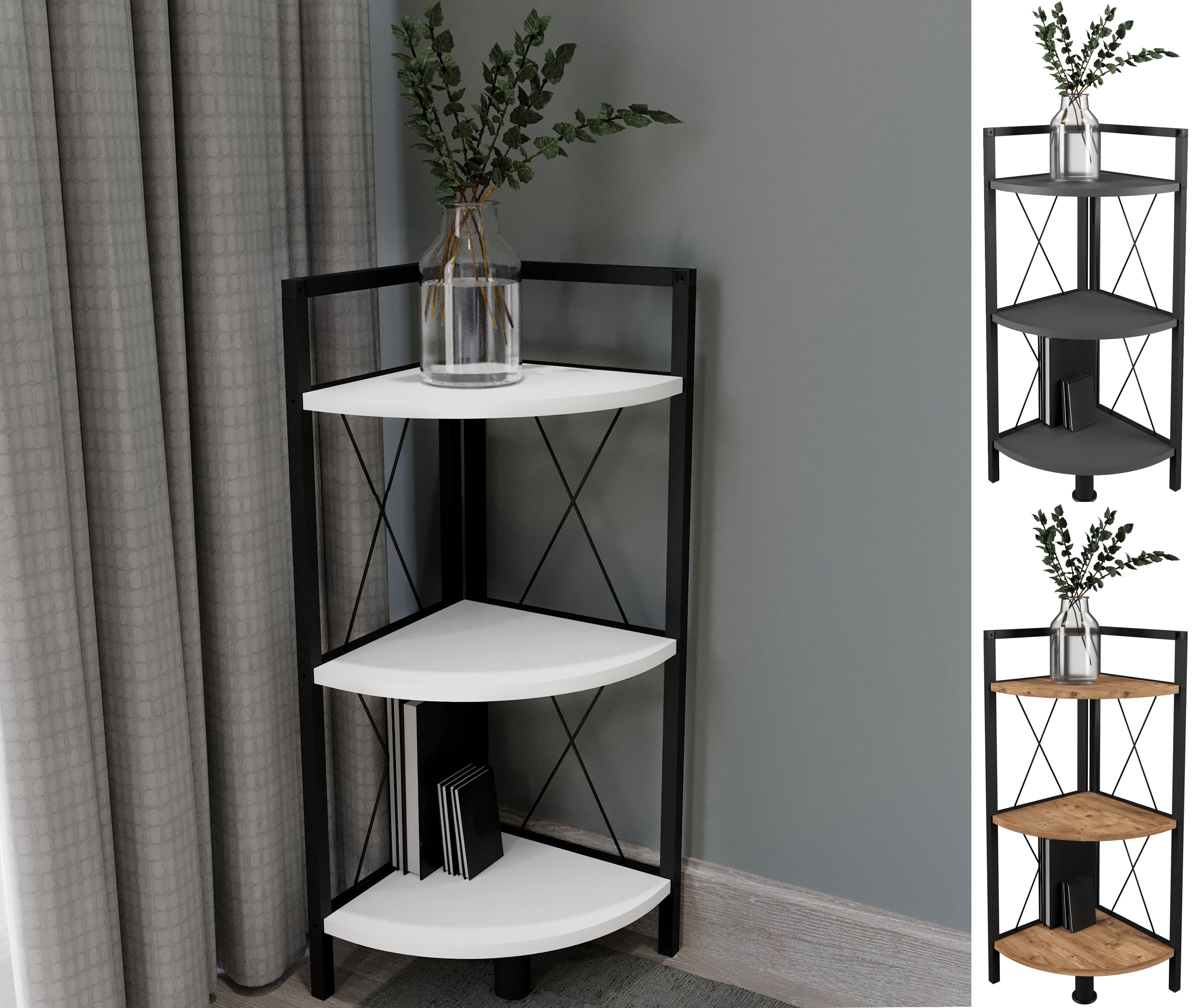 VCM Holz Metall Eckregal Aufbewahrung Stand Regal B&uuml;cherregal Deko B&uuml;cher Standregal Insasi 2 