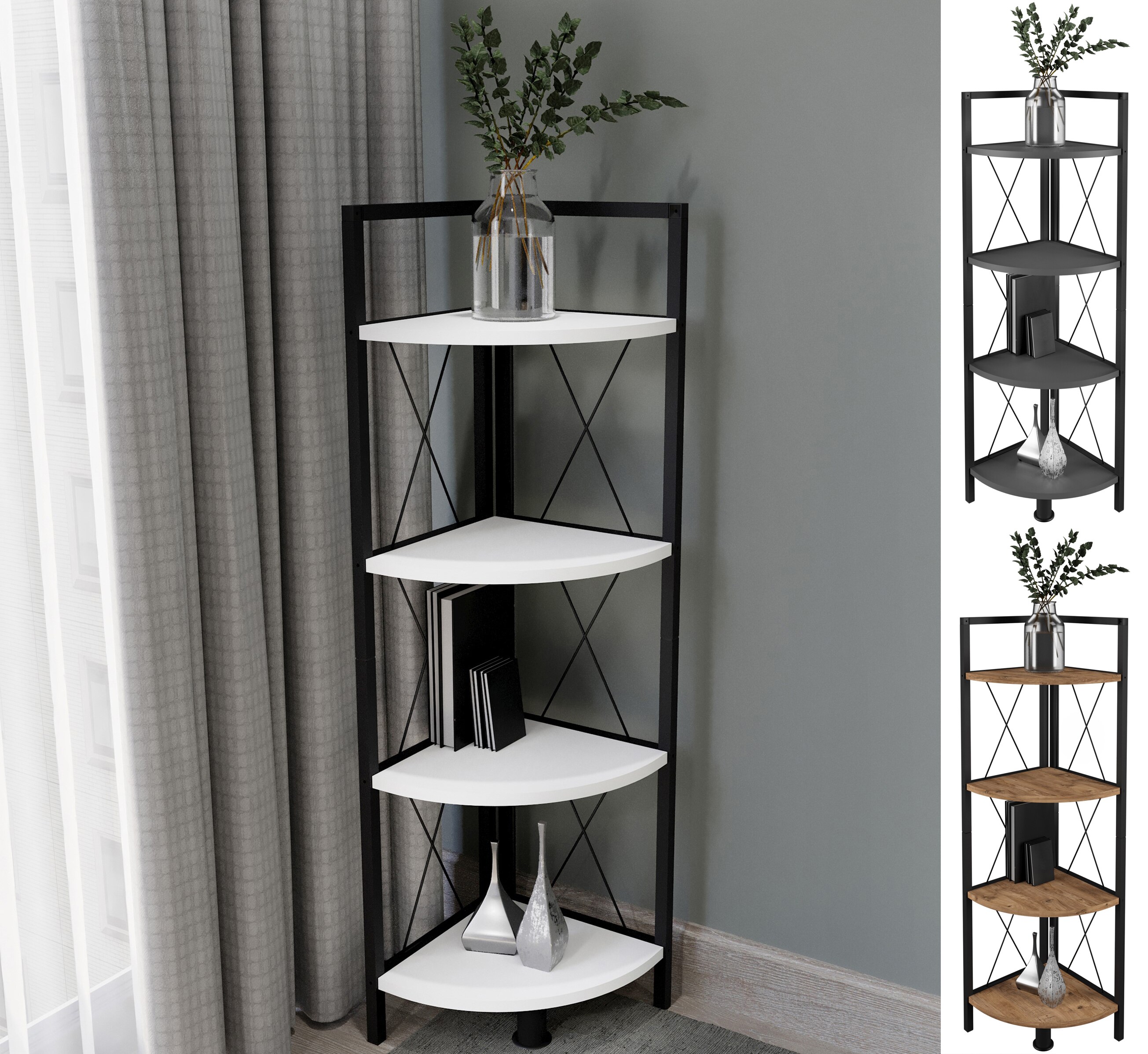 VCM Holz Metall Eckregal Aufbewahrung Stand Regal B&uuml;cherregal Deko B&uuml;cher Standregal Insasi 4 